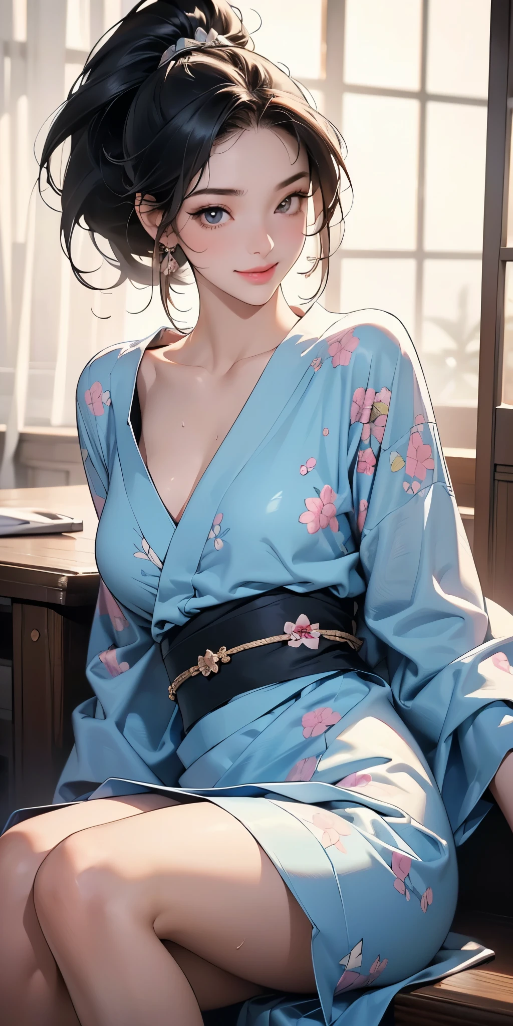 8k, highest quality, ultra high resolution, 1 female, 1980s pop culture anime style, 21 years old, (masterpiece, high resolution, detailed), Japanese, sweating, short cut, ponytail, big breasts (photorealistic) :1.4), (Famous Japanese actress:1.2), very beautiful, cute, professional photo, very delicate and beautiful, very detailed, very detailed beautiful girl, very detailed face, very detailed eyes, very detailed skin, very detailed fingers, very detailed nose, very detailed mouth, perfect anatomy, realistic body, fair skin, shiny skin, slender body, good figure, looking at viewer, smile, cute laugh Face (Black hair, (Ponytail, Beautiful girl, Perfect small face, D cup, Thin, Top quality, Ultra high resolution, Detailed background, Masterpiece, Anatomically correct, Detailed face, Beautiful face in every detail, Cute 20 Beautiful girl in her s, black hair, highest quality, 4K quality, hot spring, sitting woman, woman in yukata, woman's ponytail, woman is 21 years old Steam, sweat,