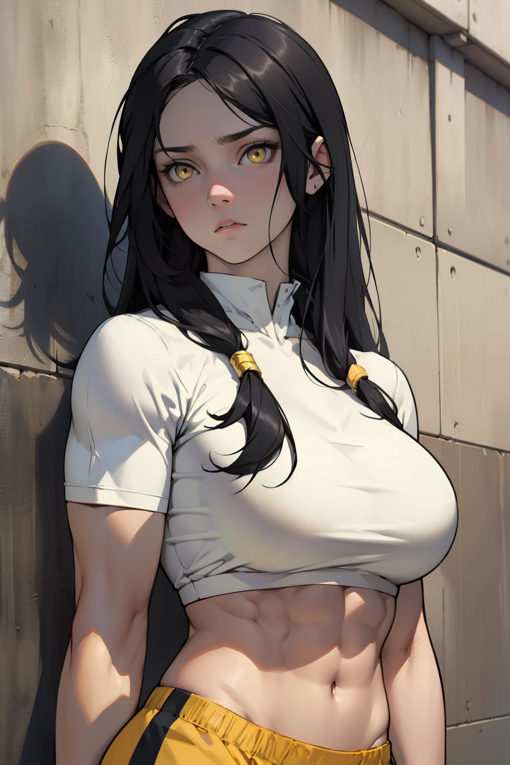straight hair muscular girl toned body large breasts pale skin black hair yellow eyes expressionless sad