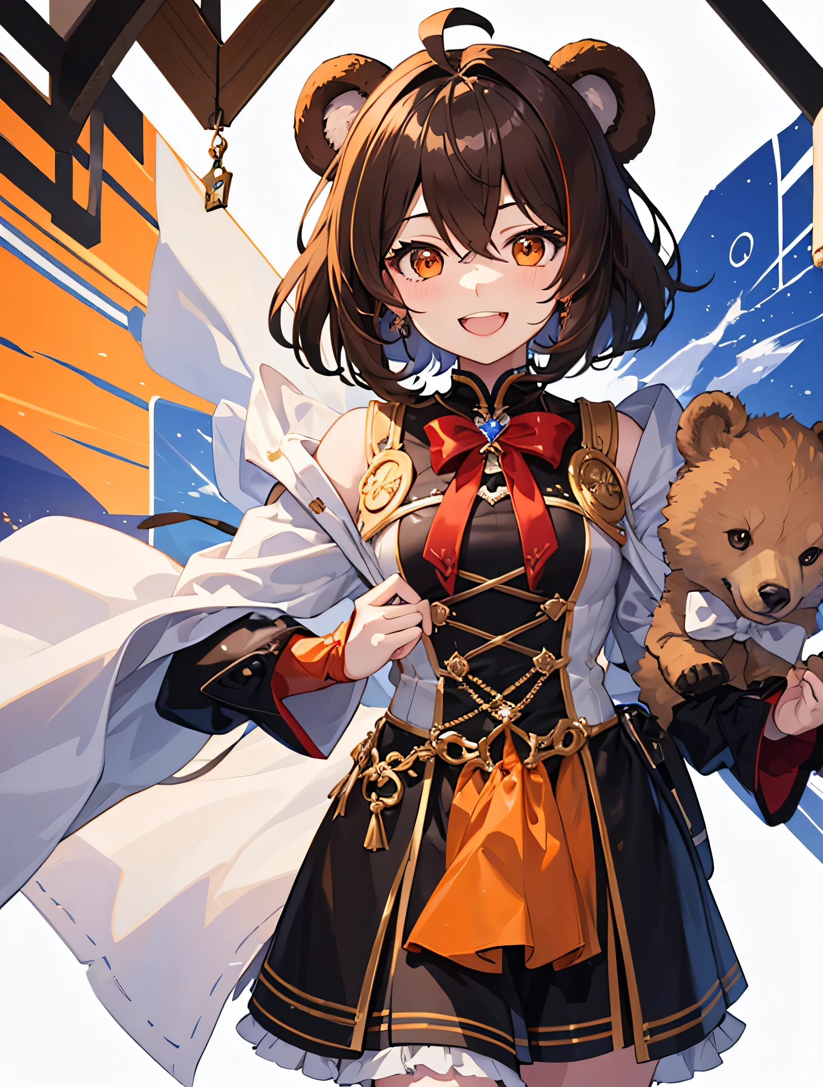 ((((whole body))))、Virtual YouTuber、(White Background)、((masterpiece.highest quality))、One Woman、alone、Brown Hair、Short Hair、Hair between the eyes、Ahoge、(Red-orange eyes)、Woman with bear ears、smile、Laughing with mouth open、pretty girl