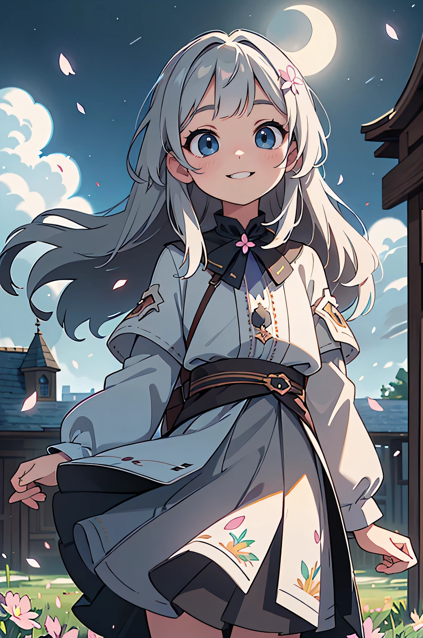 masterpiece, highest quality,, One girl, (colorful),(Beautifully detailed eyes and face),cinematic Lighting,Bust Shot,Highly detailed CG Unity 8k wallpaper,Gray Hair,alone,smile,Complex skirt,((Flying petals)),(Flowery meadow), null, cloudy_null, building, moonLight, moon, night, (Dark Theme:1.3), Light, Fantasy,