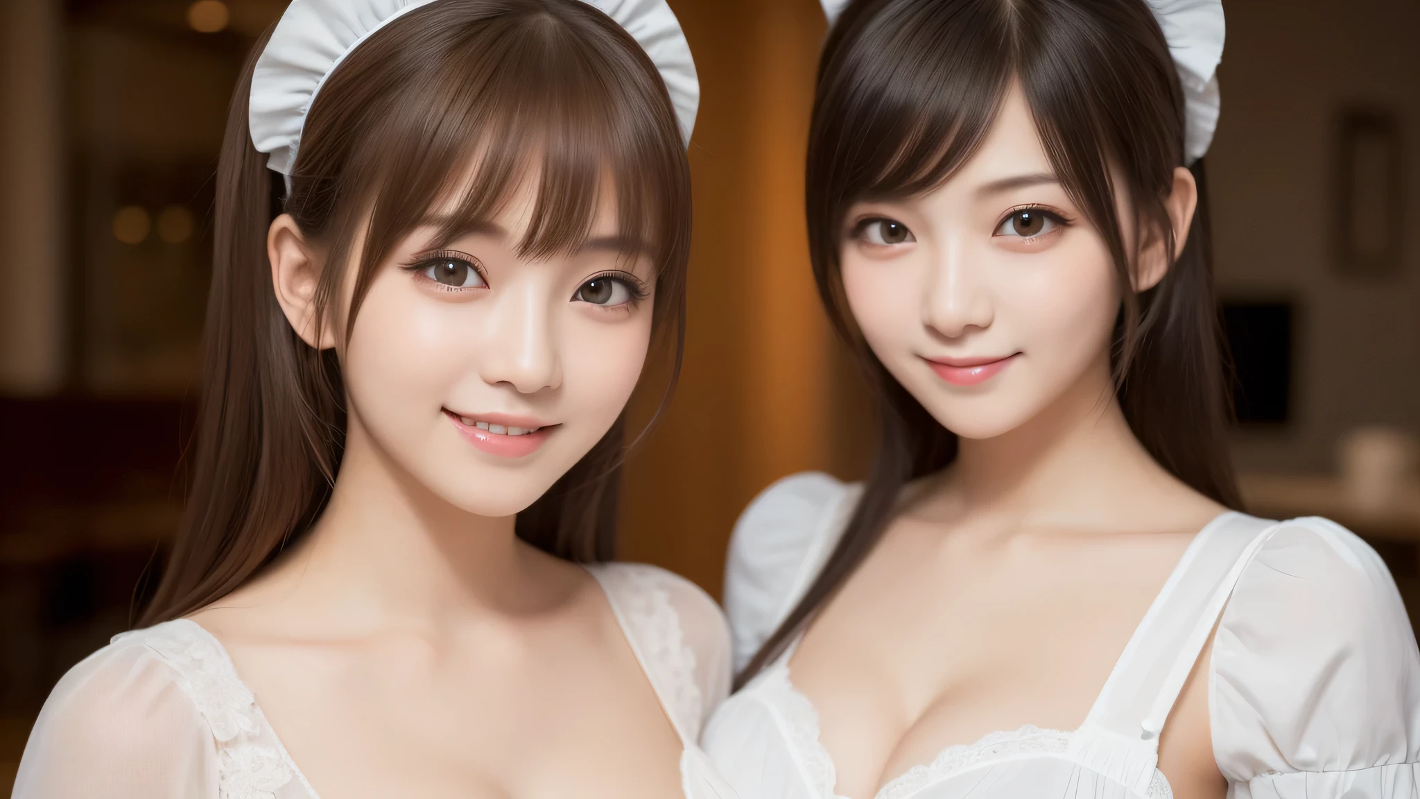 (2girl:1.3), (cute smile:1.2), (extremely detailed beautiful face), (highly detailed eyes, highly detailed face), (maid costume:1.2), Fresh, very clean appearance, (best Quality:1.4), (hyper-realistic, hight resolution), Professional Photography, standing, Indoor, (maid cafe), Close up portrait of girl, staring at me, cleavage, (Fine face:1.2), 