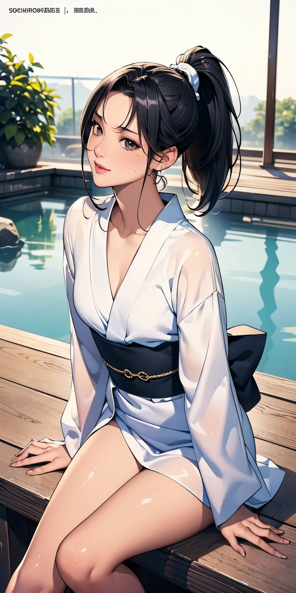 8k, highest quality, ultra high resolution, 1 female, 1980s pop culture anime style, 21 years old, (masterpiece, high resolution, detailed), Japanese, sweating, short cut, ponytail, big breasts (photorealistic) :1.4), (Famous Japanese actress:1.2), very beautiful, cute, professional photo, very delicate and beautiful, very detailed, very detailed beautiful girl, very detailed face, very detailed eyes, very detailed skin, very detailed fingers, very detailed nose, very detailed mouth, perfect anatomy, realistic body, fair skin, shiny skin, slender body, good figure, looking at viewer, smile, cute laugh Face (Black hair, (Ponytail, Beautiful girl, Perfect small face, D cup, Thin, Top quality, Ultra high resolution, Detailed background, Masterpiece, Anatomically correct, Detailed face, Beautiful face in every detail, Cute 20 Beautiful girl in her teens, black hair, highest quality, 4K quality, hot spring, sitting woman, woman in yukata, woman's ponytail, woman is 21 years old Steam, sweat,