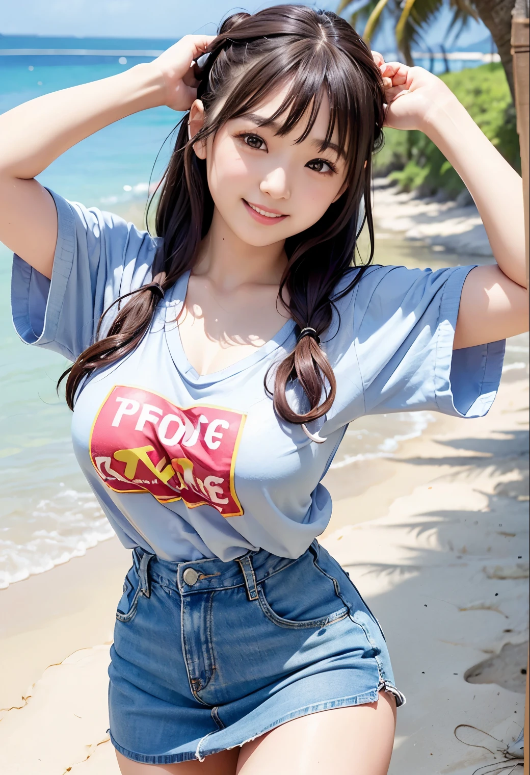 (highest quality,masterpiece:1.3,Ultra-high resolution),(Very detailed、Caustics) (Realistic:1.4, RAW shooting、)Ultra-Realistic Capture、Very detailed、Natural skin texture、masterpiece、(One Japanese girl wearing a sequined T-shirt and a mini denim skirt:1.3)、Adorable expression、Expressions of happiness、************、Young Face、Amazingly cute、Twin tails、Curly Hair、Black Hair、Scrunchie、light makeup、Her huge breasts are bursting at the seams、Bare arms、Shining thighs、Shining ass、Shooting on the beach、Summer sun、smile、An inviting gaze、Cowboy Shot、Anatomically correct、Attention to detail、A pose that emphasizes the chest、