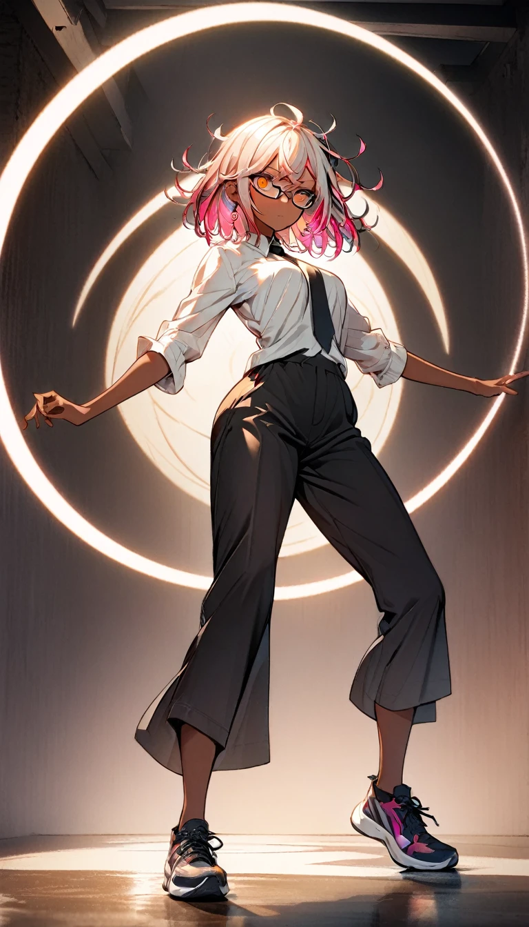 1 woman, tall, ((dark skinned woman, hair over the ears)), white hair, pink hair, colorful hair, short hair, messy hair, orange eye, (small glasses), white big shirt, (pants), black tie, sharp eye, underboob, earring like a circle, Subdued lighting, dynamic pose, perfect hand, full body,