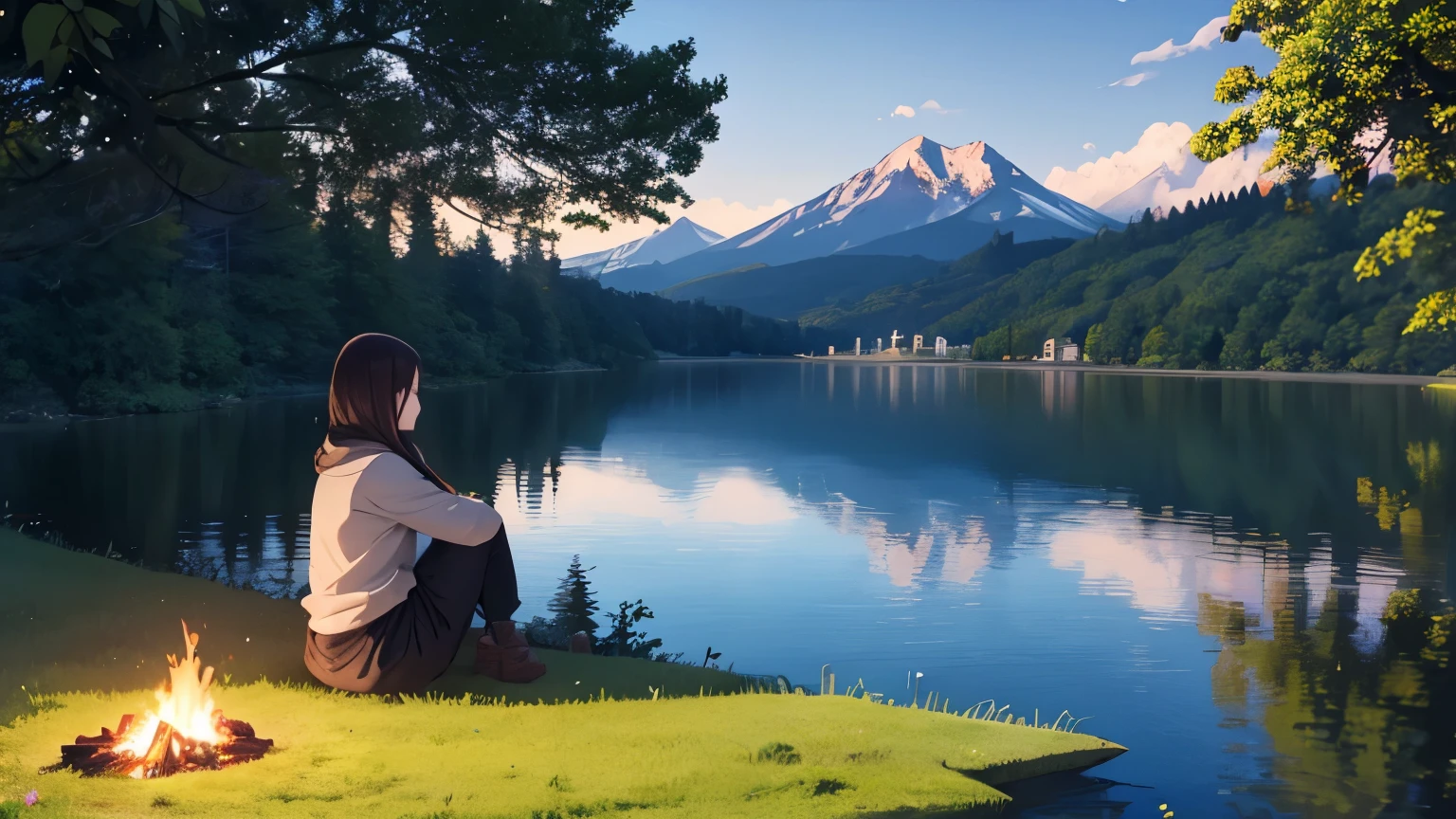 evening,Magnificent lake,Lakeside,Bonfire,Sitting on a stump,Woman from behind,Taking a leisurely break,Highly detailed natural environments,anime