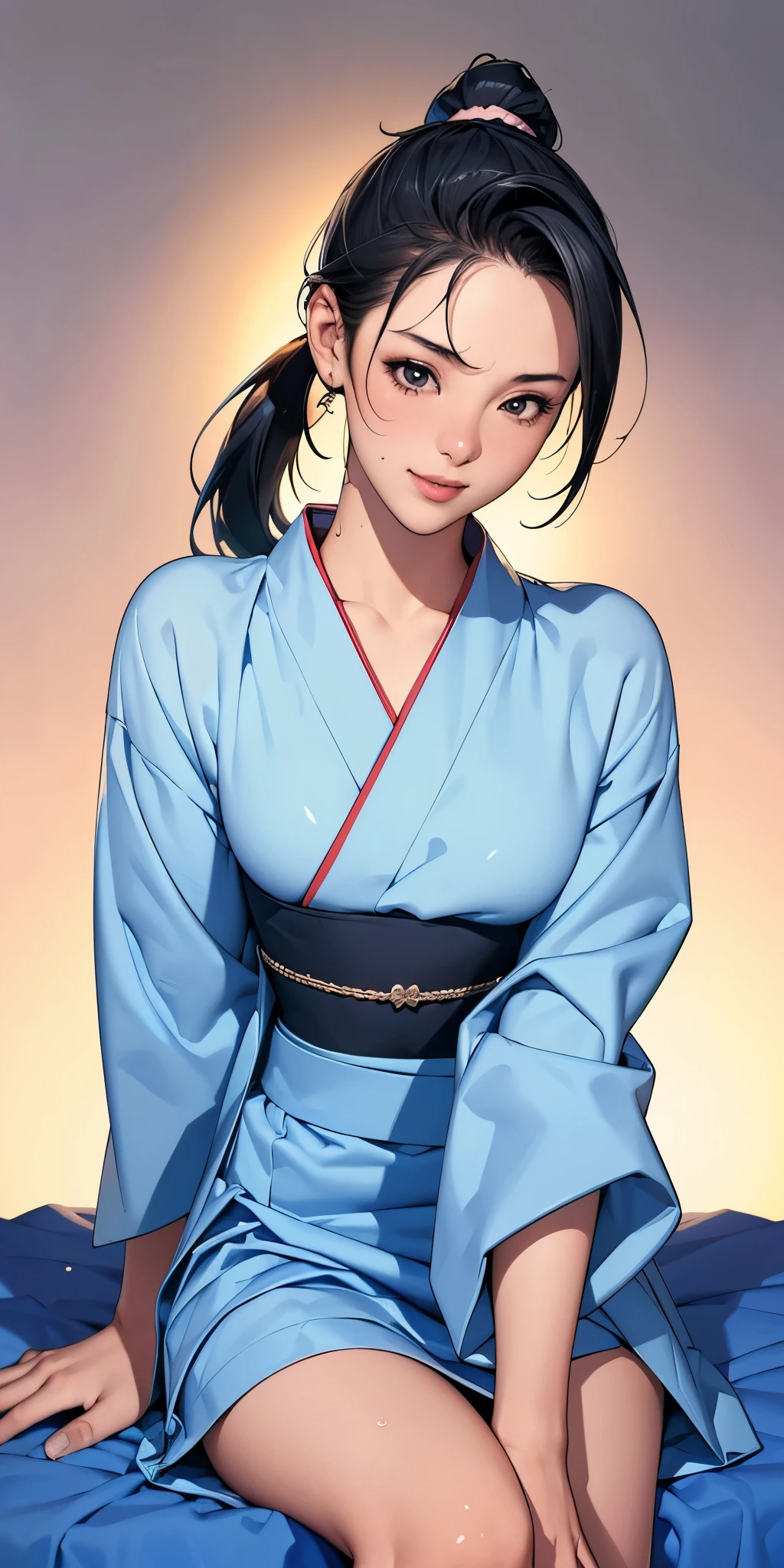 8k, highest quality, ultra high resolution, 1 female, 1980s pop culture anime style, 21 years old, (masterpiece, high resolution, detailed), Japanese, sweating, short cut, ponytail, big breasts (photorealistic) :1.4), (Famous Japanese actress:1.2), very beautiful, cute, professional photo, very delicate and beautiful, very detailed, very detailed beautiful girl, very detailed face, very detailed eyes, very detailed skin, very detailed fingers, very detailed nose, very detailed mouth, perfect anatomy, realistic body, fair skin, shiny skin, slender body, good figure, looking at viewer, smile, cute laugh Face (Black hair, (Ponytail, Beautiful girl, Perfect small face, D cup, Thin, Top quality, Ultra high resolution, Detailed background, Masterpiece, Anatomically correct, Detailed face, Beautiful face in every detail, Cute 20 Beautiful girl in her teens, black hair, highest quality, 4K quality, hot spring, sitting woman, woman in yukata, woman's ponytail, woman is 21 years old Steam, sweat,