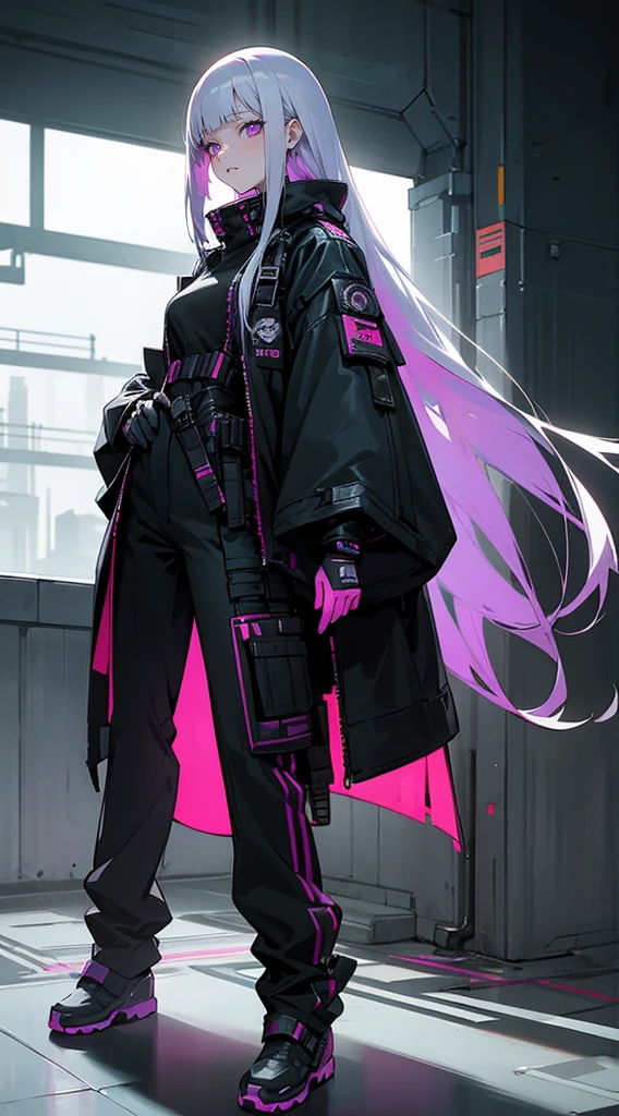Beautiful woman , extremely long hair,pale skin , purple eyes , blunt bangs , very straight hair , slender build , silver hair , slender eyes , ,age 40,
standing in front of a building, wearing techwear and armor, photograph of a techwear, all black cyberpunk clothes, cyberpunk outfit, cyberpunk style outfit, wearing japanese techwear, wearing cyberpunk streetwear, cyberpunk streetwear, cyberpunk anime girl, cyberpunk clothes, cyberpunk outfits, techwear fashion, wearing space techwear, cyberpunk fashion clothing,
(masterpiece, best quality )detailed, 1Character , pastel washed out colors , cell shade , soft, muted shades ,gentle colors ,