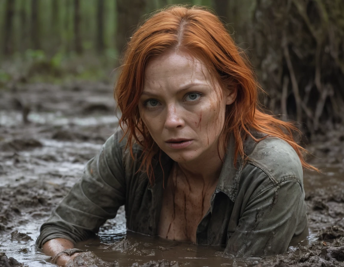 Hyper-realistic, ultradetailed, Raw, masterpiece. dark forest. 40-years-old woman is caught drowning in a quicksand sticky cement bog. The swamp sexually devours her body. ((on face: fright, depraved)). ((soaked muddy jeans)), (t-shirt), shortness of breath, shameful, loses control of himself, ((Trapped in lust, defenseless)), Copper-red hair, sweat, hard breath
