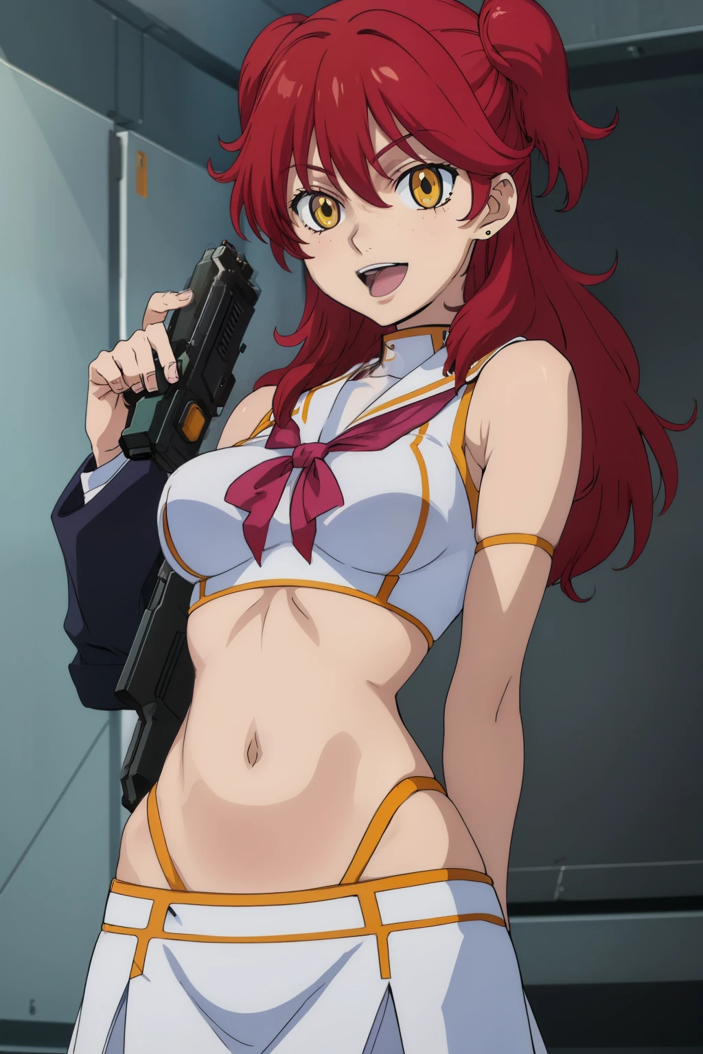 nena trinity 1girl, yellow eyes, red hair, (freckles:0.7), earrings, medium breasts, masterpiece, best quality, highly detailed, a anime girls in sailor uniforms with a gun posing for a picture,
evil smile, smile, open mouth,black_serafuku, ecchi anime style, anime girls , 
ecchi style, ecchi, shipgirls, digital anime art!!, high school girls, holding a gun, hold a gun, anime style 4
k, micro skirt, exposed belly, exposed navel, exposed midriff,
exposed lower belly,school, classroom