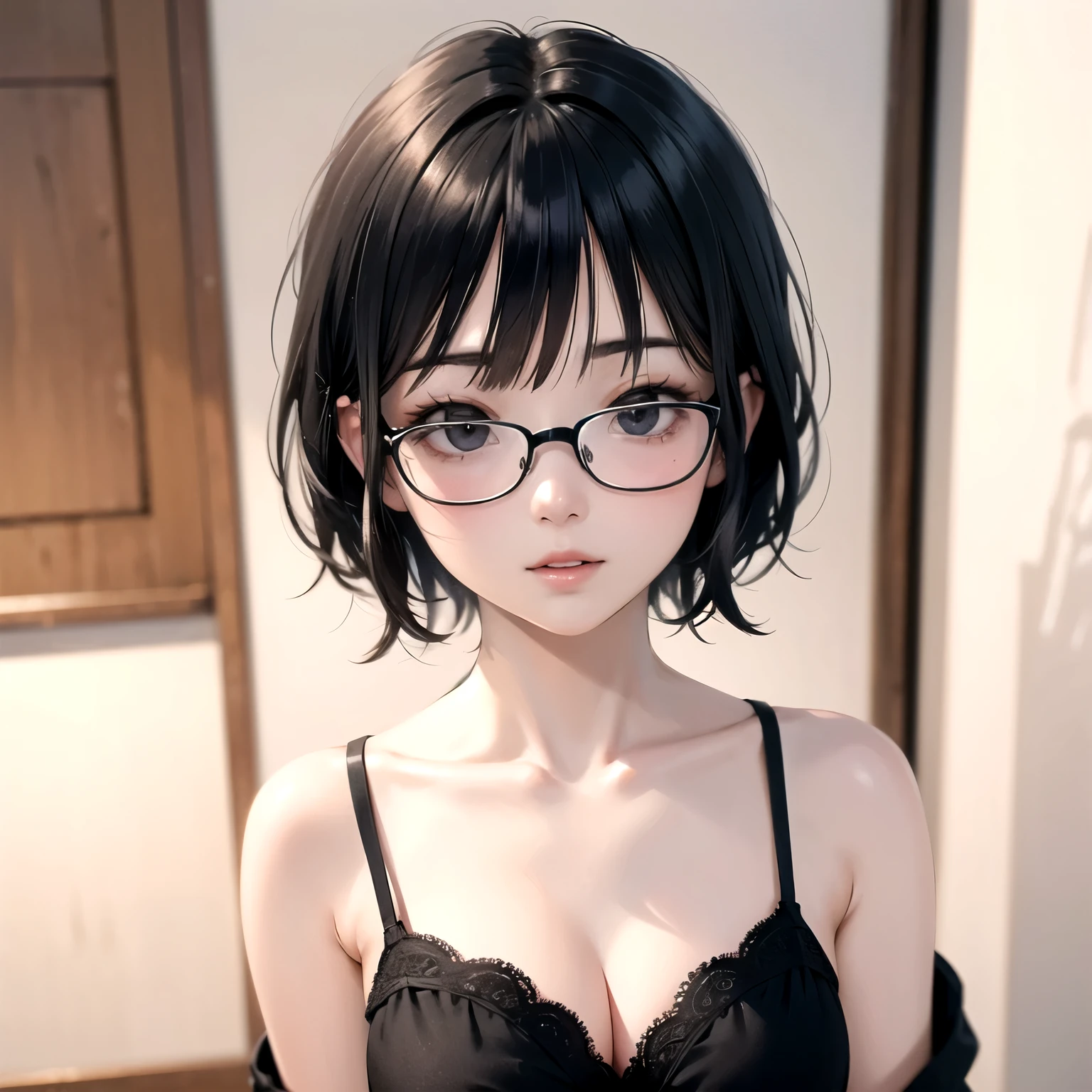 ((best quality)), ((masterpiece)), (detailed), perfect face. Black hair. Short hair. Anime girl. Asian girl. Black eyes. Ulzzang. Glasses. Cleavage.