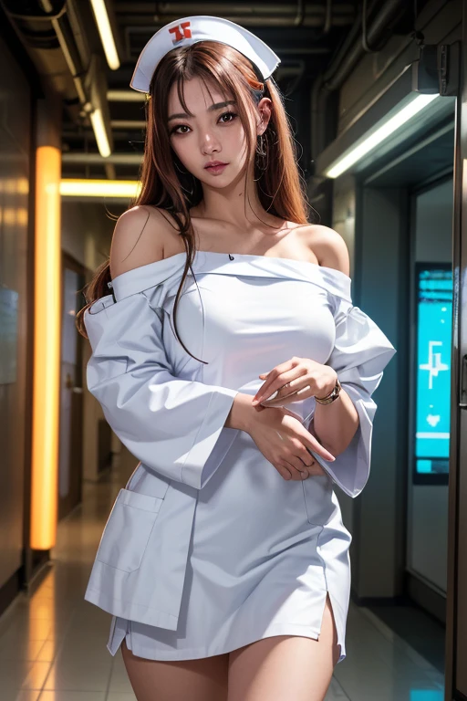 Wear a satin blouse, also wear a satent wrench coat on top, the material of the blouse and trench coat is satin, strong glossy, soft and smooth and smooth to the touch, the buttons on the front of the blouse are fastened, no bra is on, the blouse is fit the body, the chest is C cup, the Japan fashion model, wear a shirt, wear a coat