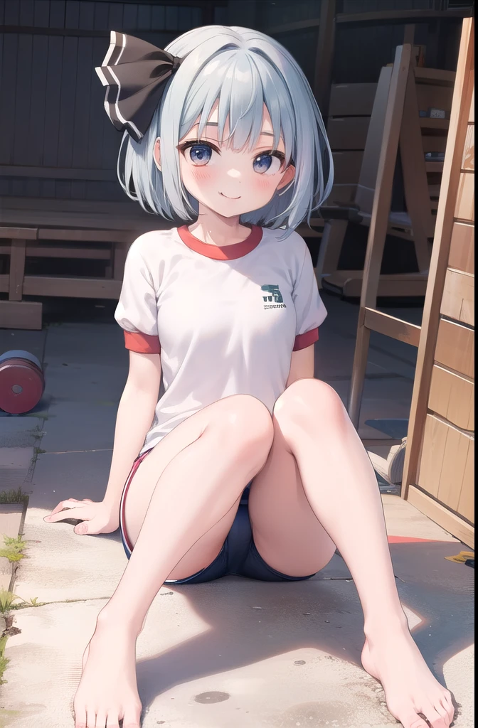 (((((whole body)))))、Youmu, Very cute gym clothes 、smile,、Cowboy Shot、Sitting, Leg spread、between legs、barefoot、