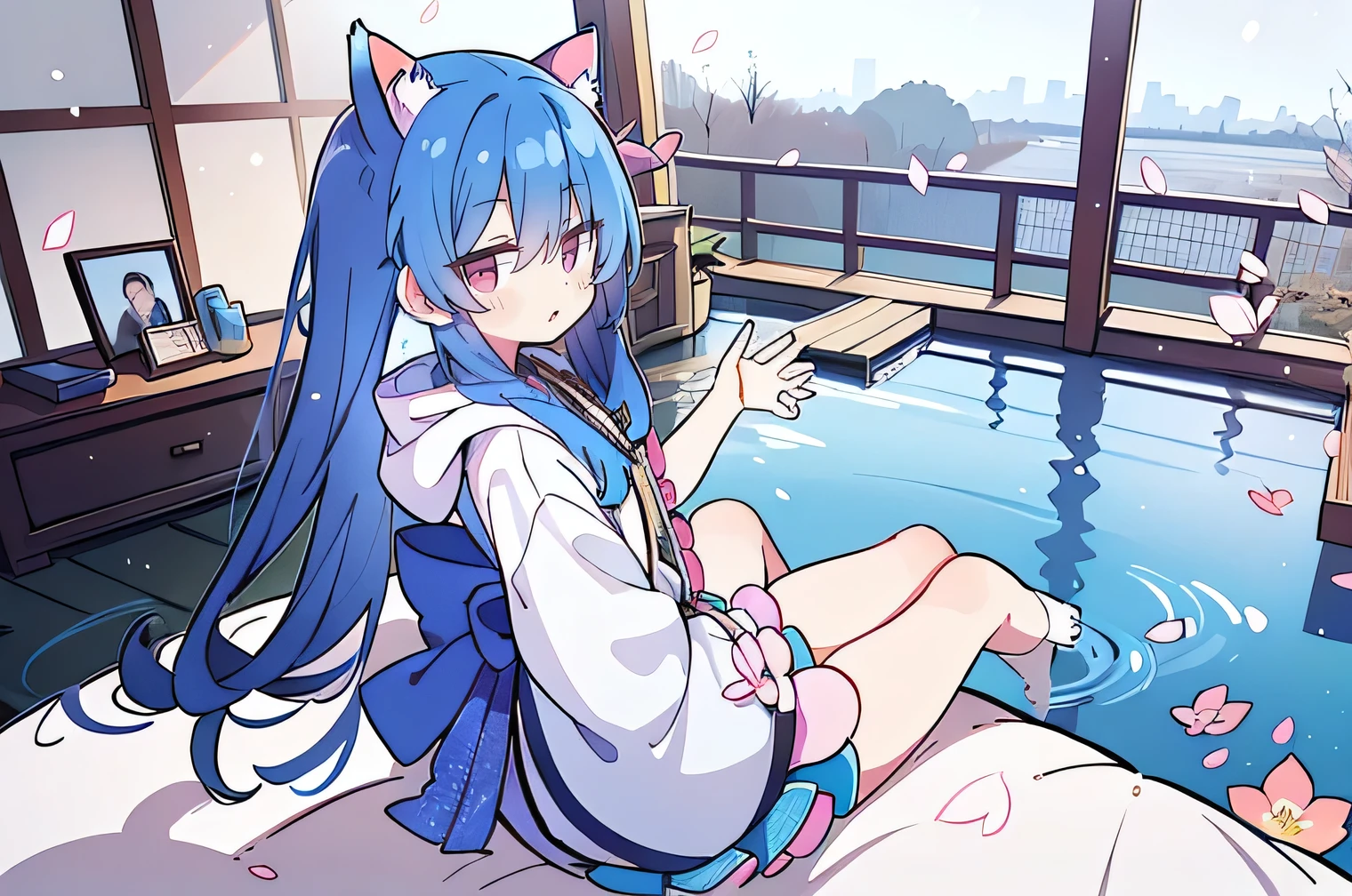 (masterpiece:1.2),Super detailed,lifelike,Expressive eyes,fair skin,perfect face shape,1 girl,
Japanese comics,Gorgeous blue hair,flowing blue hair,flowing clothes,Cat ears,Petals fall,beautiful lola,Baby Angel,
Shaking head with one hand,Cross your legs,Gentle and peaceful background,The pavilion is cool and comfortable,smile, wearing hoodie, background of tokyo,back views,snowing, winter.