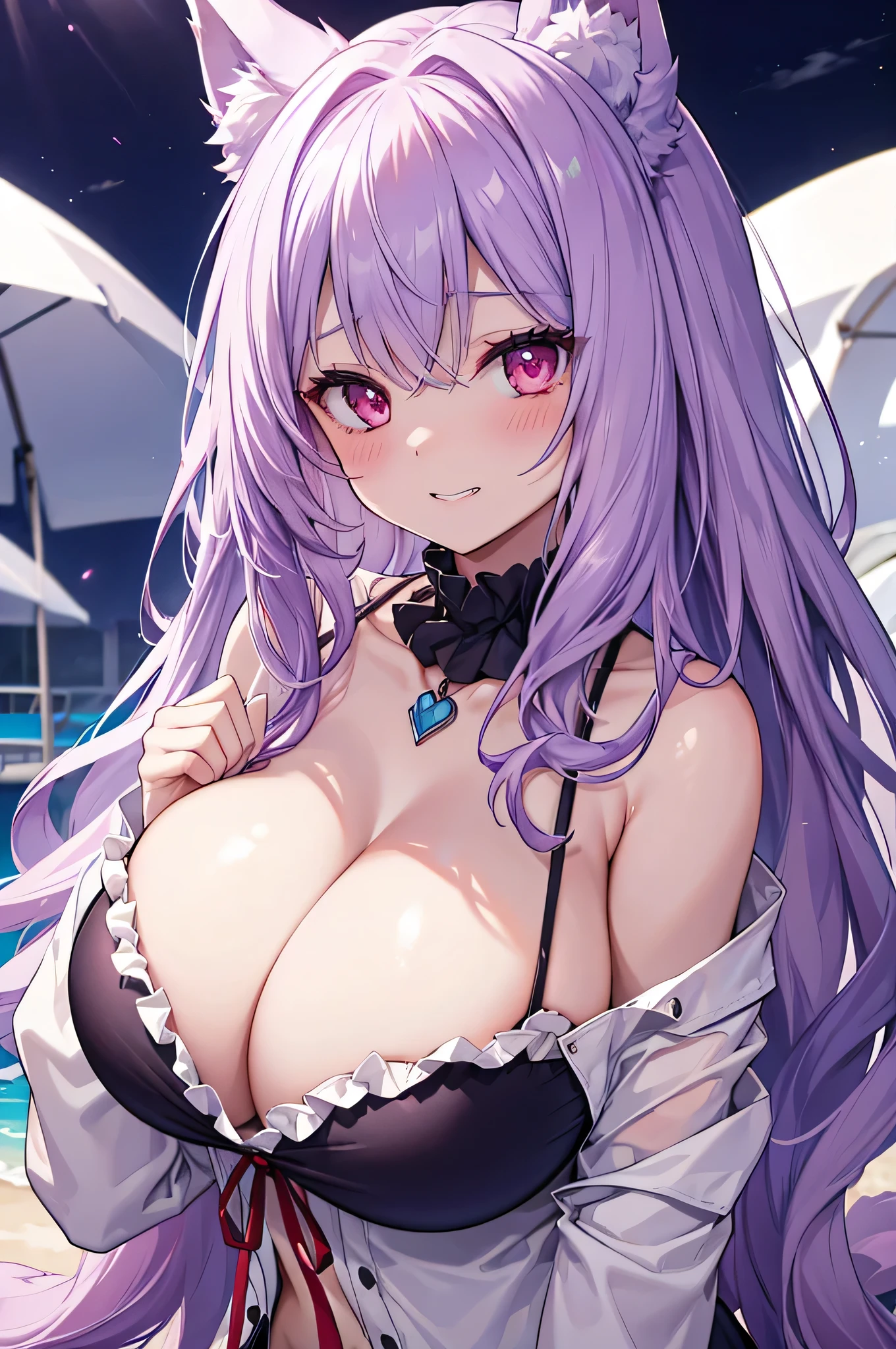 Wolf Woman, Big Breasts, Voluminous light purple hair, One girl, masterpiece , Red eyes、Double teeth、tooth、Blushed cheeks、 hd, Head to Chest, buried in my chest、Underbust、Cleavage、Frilled bikini、Big Tits、Open your mouth wide、Grin、White Iris、