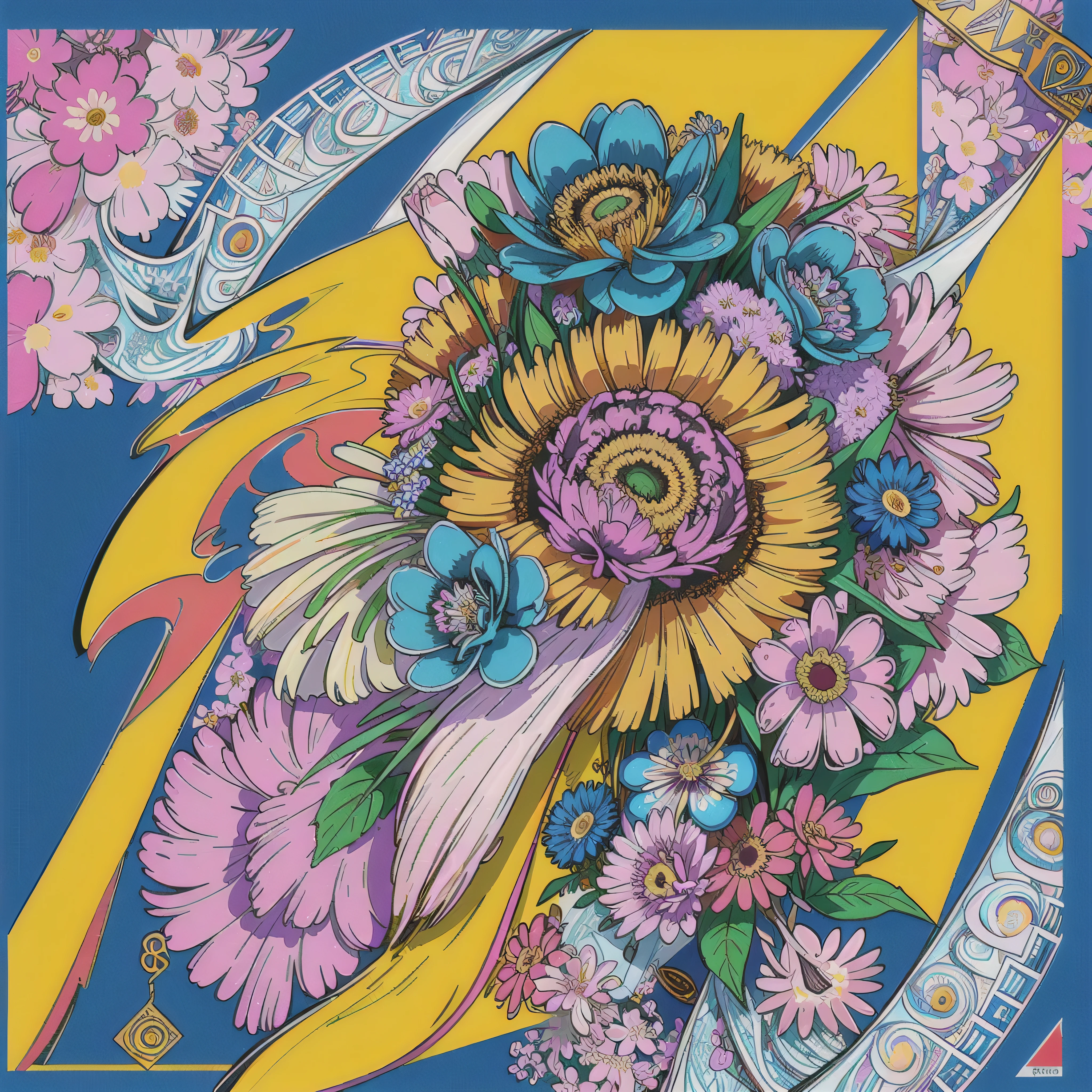 (ultra-detailed background, detailed background), absurdres, highres, ultra detailed, extremly detailed, 1girl, buttons, pins, (bunch of flowers:1.3), (zentangle:1.2), (geometric:1.2),(colorful),