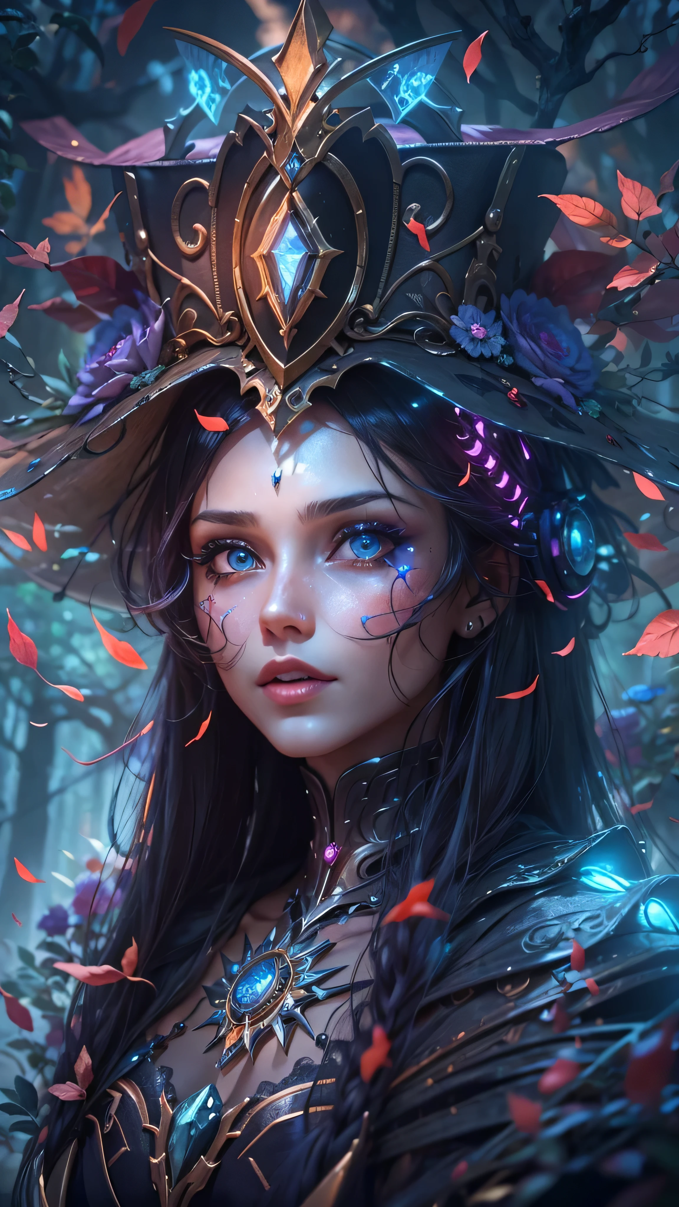 Futuristic robot witch in enchanted forest、witch hat、cybernetic enhancement、mechanical limbetal texture、cloak,Create a mysterious and enchanting atmosphere,Glittering symbols and runes、Sparkling magic gems、rainbow color palette,(best quality,4k,8k,masterpiece:1.2),Ultra-detailed,(lifelike,Photo lifelike,Photos are real:1.37),HDR,ultra high definition,studio lighting,super fine painting,clear focus,Physically based rendering,extreme detail description,major,vivid colors