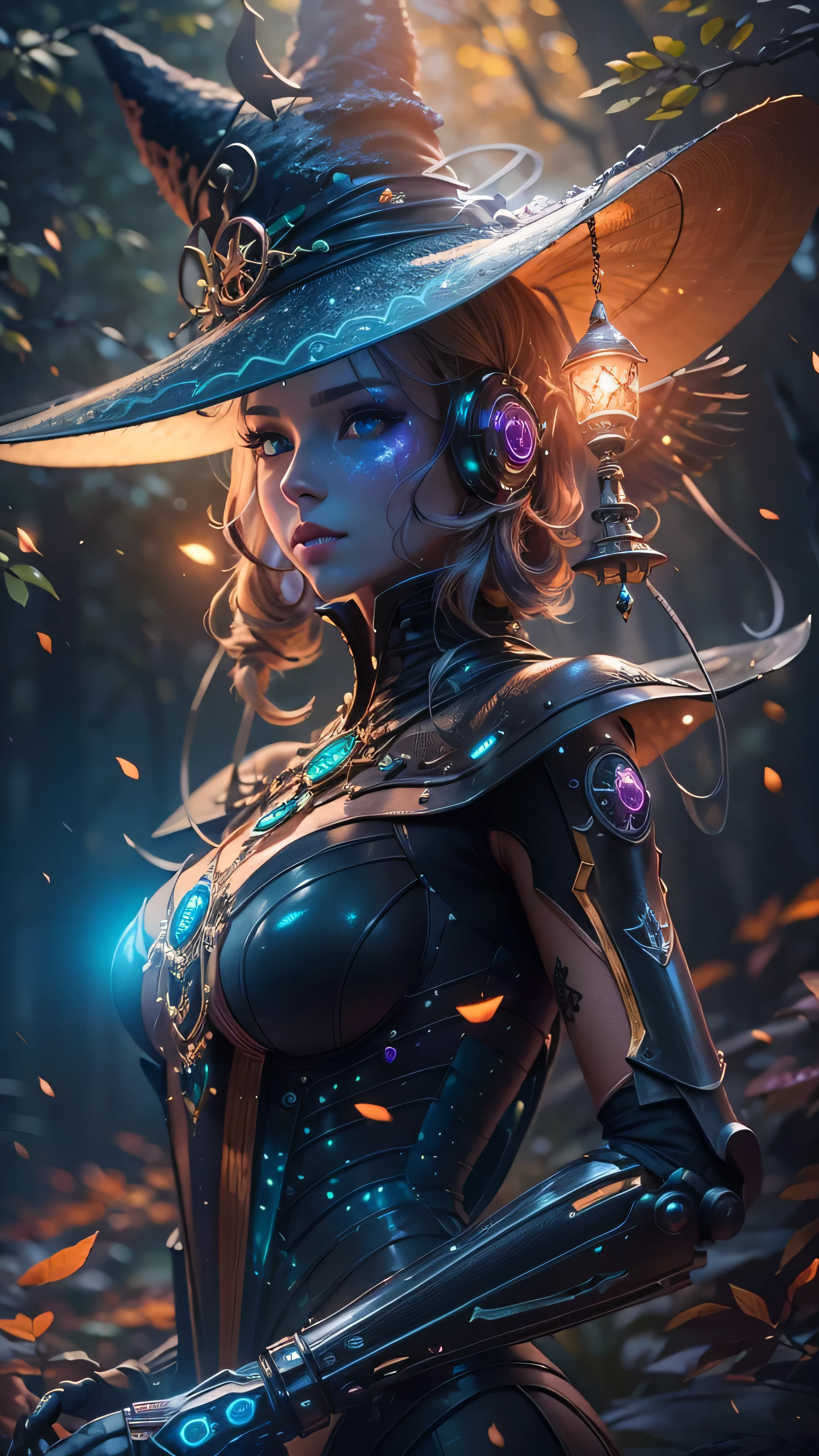 Futuristic robot witch in enchanted forest、witch hat、cybernetic enhancement、mechanical limbetal texture、cloak,Create a mysterious and enchanting atmosphere,Glittering symbols and runes、Sparkling magic gems、rainbow color palette,(best quality,4k,8k,masterpiece:1.2),Ultra-detailed,(lifelike,Photo lifelike,Photos are real:1.37),HDR,ultra high definition,studio lighting,super fine painting,clear focus,Physically based rendering,extreme detail description,major,vivid colors