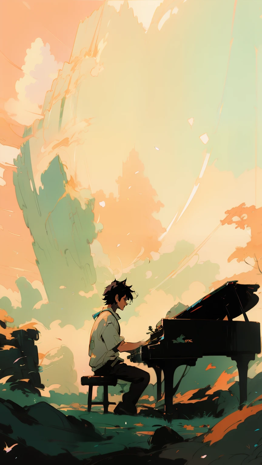 Anime-style image of a man playing a keyboard, Rocky area, makoto shinkai cyril rolando, Atei Gailan 8K, Emotional concept art, guweiz and makoto shinkai, anime art wallpaper 8k, Beautiful artwork illustration, Highly detailed digital art in 4K, anime art wallpaper 4k, anime art wallpaper 4k, 4K High Definition