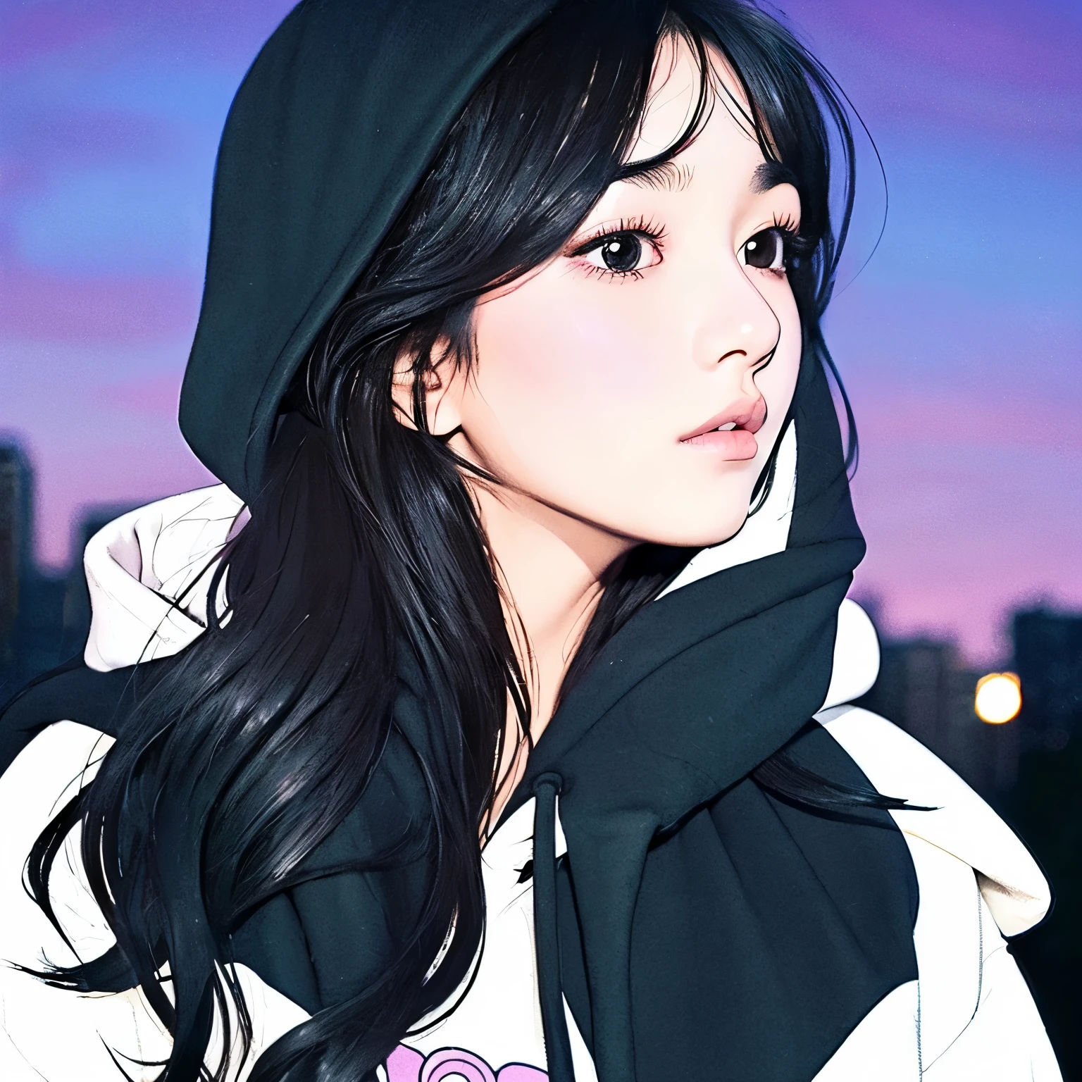 One girl, Black Hair,hoodie, Lips parted, night,Long Hair,cool,simple,Illustrated style、pastel