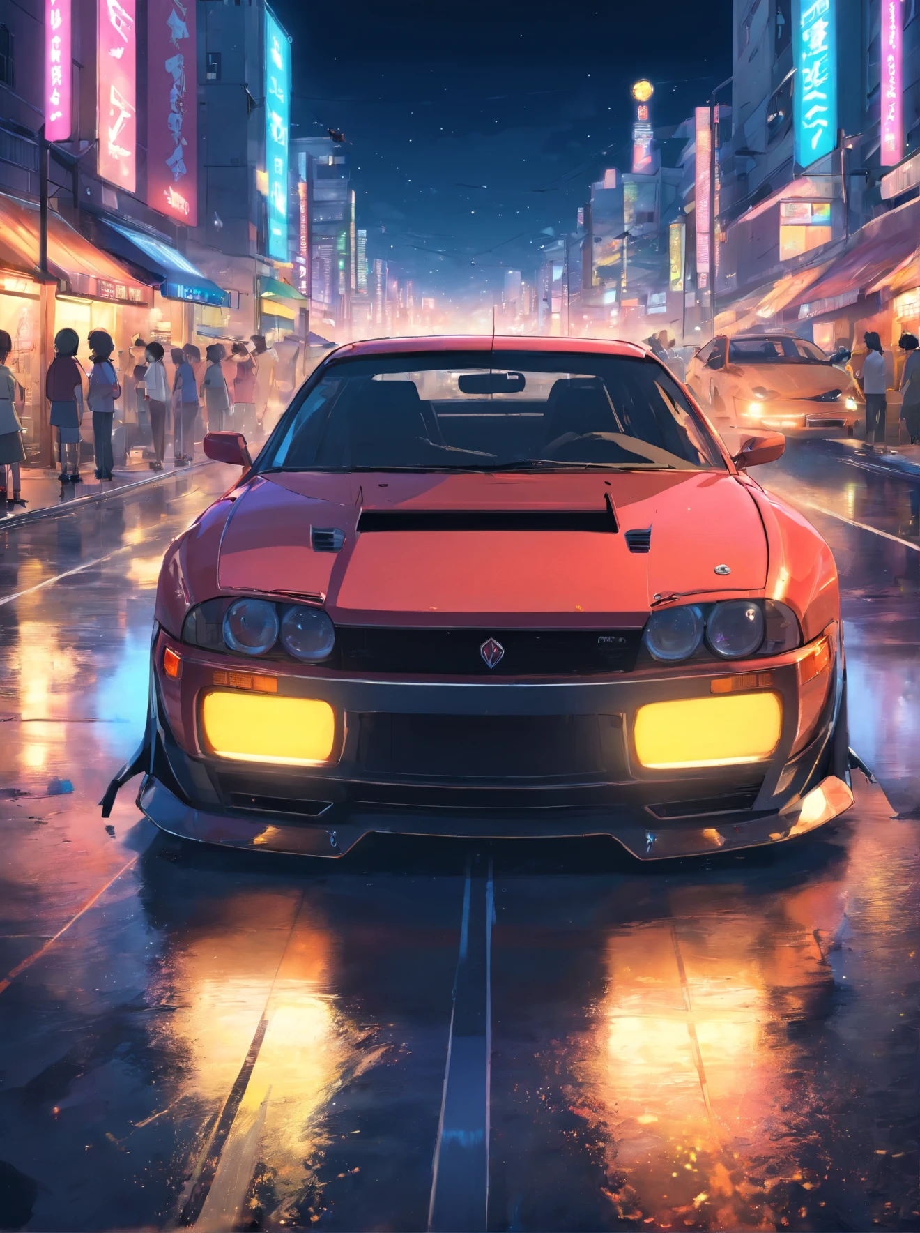 (STANCE), masterpiece,best quality,official art,extremely detailed CG unity 8k wallpaper,illustration, light,car, bright, sports car, vehicle focus, road, ((need for speed)),((NFS)), moving, wet, (((night, midnight))),neon lights,drift, (MARKII)