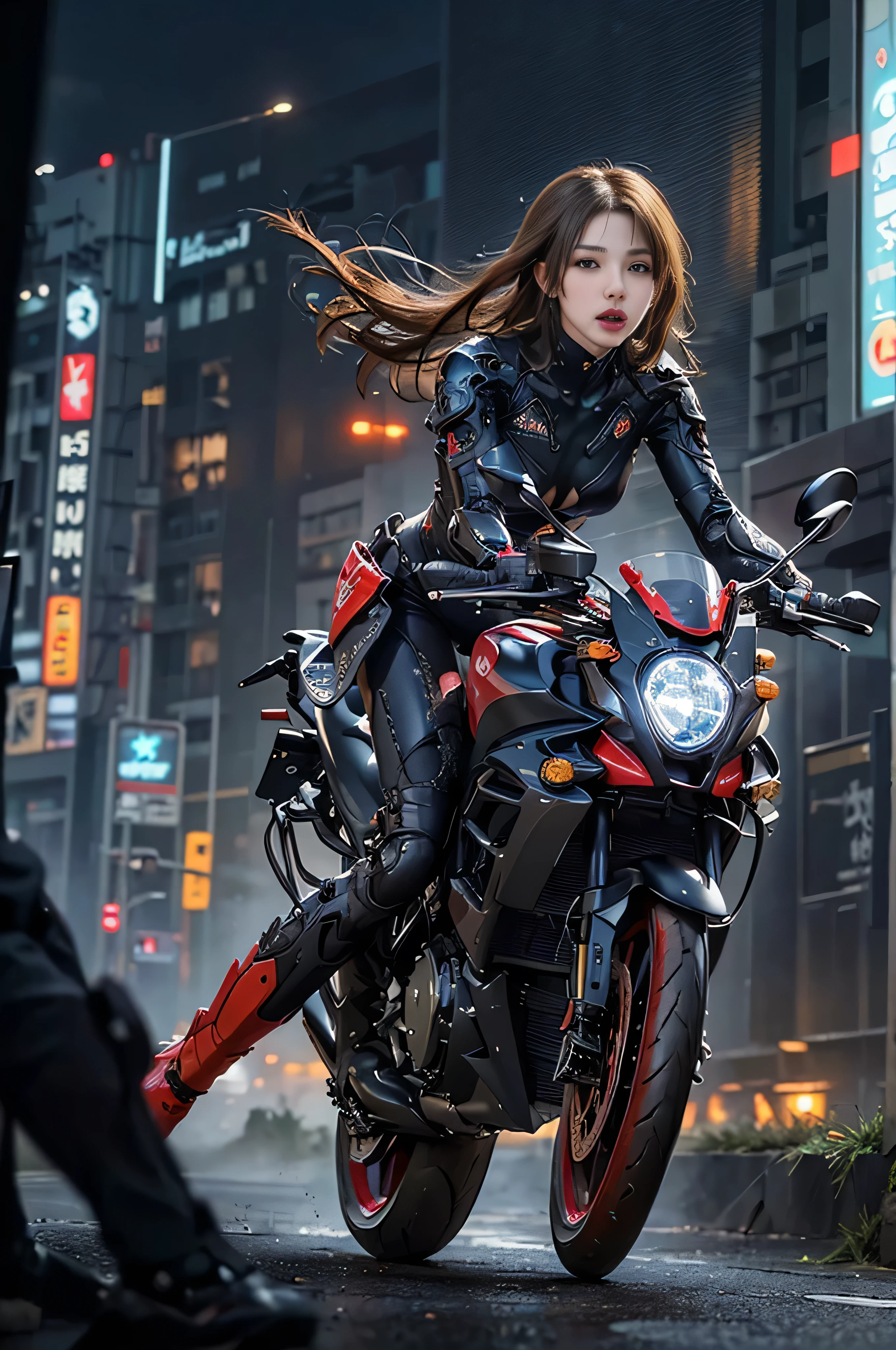 (RAW quality:1.4), masterpiece, highest quality, High resolution, dark_Fantasy, cyber punk, (Sword Weapons,red:1.1),1 person, Japanese women, , mechanical,Robotic presence,Cybernetic Guardian, darkness, Night city background, at night, cyber punk mecha humanoid black and red is riding a futuristic Ducati Panigale V4 race motorcycle on a mountain road at night, Realistic Style, Inspired by Blade Runner, Dark and dramatic lighting, Red and Black Theme, Central curve composition, Rear view. (An ultra-fine masterpiece:1.5), (beautifuly intricate:1.5), (highest quality:1.5), (beautiful + beautiful + Harmonious:1.5), (Highly detailed face, Ultra-detailed eyes, Highly detailed mouth, Super-detailed body, Very fine needles, Very elaborate clothing, Ultra-detailed landscapes:1.5), (Sharpen details:1.2), Blurred Background, Shallow subject depth,