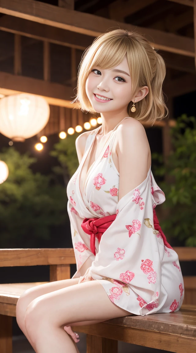 flying debris、highest quality、An illustration、highest quality、got it、High resolution、8k wallpaper、Perfect dynamic composition、(((Ezvian Everywhere)))、((From below))、Beautiful and cute 20 year old girl、Beautiful face in every detail、Delicate and cute eyes、Fine skin、Red cheeks.、shy、(Semi-short hair:1.3)、(wavy blonde hair)、Small breasts、Bold sexy pose、smile、Small breasts、Between the legs、Small Ass、Thin butt、Generated on the eaves.、Narrow shoulders、wavy blonde hair、blonde、Heart-shaped earrings、smile、、Gold Bracelets、Summer festival、in yukata、Wear a yukata with a large floral pattern、Obi、Wide pink、Tie your hair back、Fireworks Festival Venue、night、Fireworks in the background、