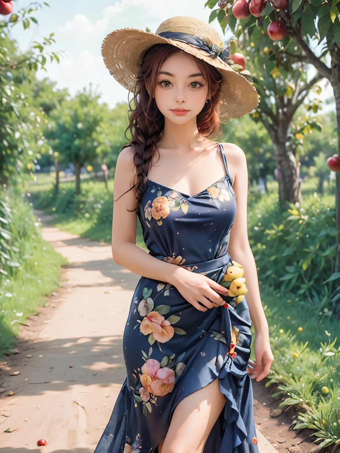 arafed woman in a floral dress and yellow hat standing in an apple orchard, standing in an apple orchard, wearing a french beret, port 8 0 0 ", inspired by Elsa Beskow, picking apples from a tree, an oversized beret, by Zofia Stryjenska, with curly red hair, renaissance autumnal, red hair and freckles