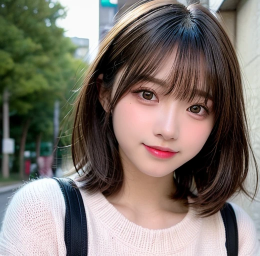 Tabletop, highest quality, shape, Very detailed, finely, High resolution, 8k wallpaper, 完璧なダイナミックな構shape, finelyて美しい目, Wearing a pale pink knit,Medium Hair,Natural color lip, smile,Harajuku、Teenage Girl、cute、Looking at the camera、G-Cup、Brown Hair、The background is an urban high school
