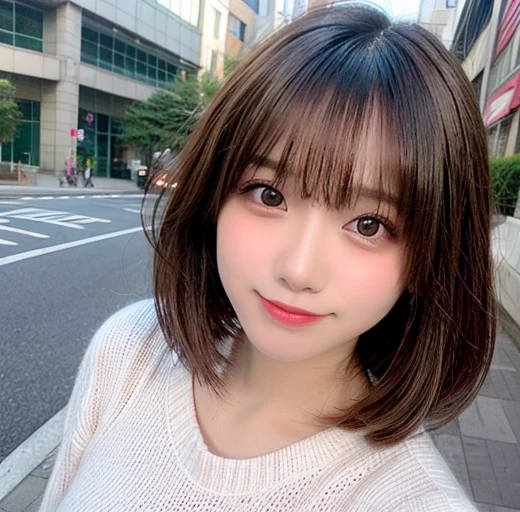 Tabletop, highest quality, shape, Very detailed, finely, High resolution, 8k wallpaper, 完璧なダイナミックな構shape, finelyて美しい目, Wearing a pale pink knit,Medium Hair,Natural color lip, smile,Harajuku、 Girl、cute、Looking at the camera、G-Cup、Brown Hair、The background is an urban high school
