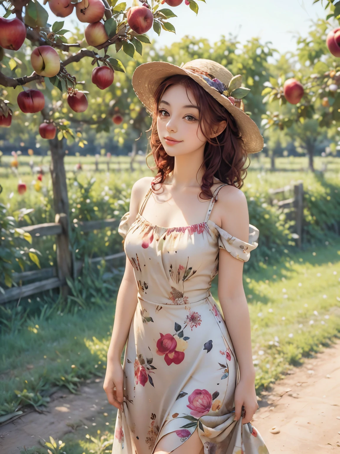 arafed woman in a floral dress and yellow hat standing in an apple orchard, standing in an apple orchard, wearing a french beret, port 8 0 0 ", inspired by Elsa Beskow, picking apples from a tree, an oversized beret, by Zofia Stryjenska, with curly red hair, renaissance autumnal, red hair and freckles