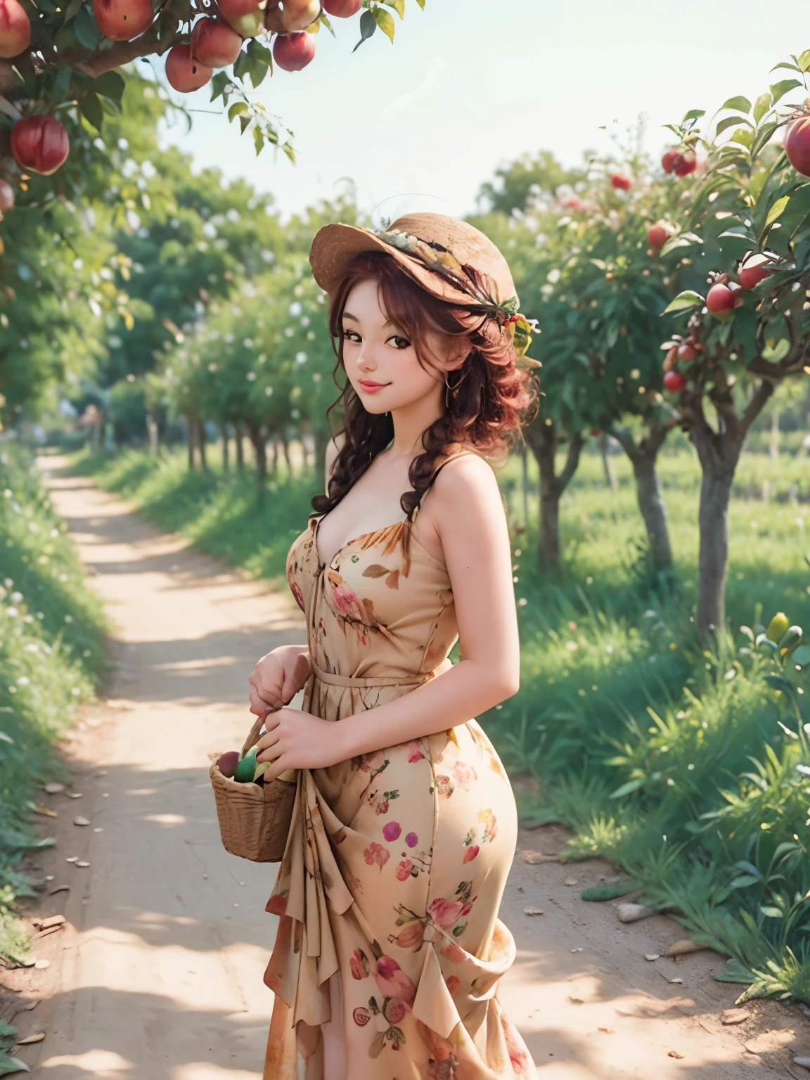 arafed woman in a floral dress and yellow hat standing in an apple orchard, standing in an apple orchard, wearing a french beret, port 8 0 0 ", inspired by Elsa Beskow, picking apples from a tree, an oversized beret, by Zofia Stryjenska, with curly red hair, renaissance autumnal, red hair and freckles