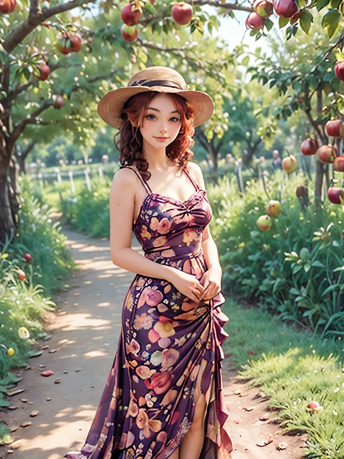 arafed woman in a floral dress and yellow hat standing in an apple orchard, standing in an apple orchard, wearing a french beret, port 8 0 0 ", inspired by Elsa Beskow, picking apples from a tree, an oversized beret, by Zofia Stryjenska, with curly red hair, renaissance autumnal, red hair and freckles