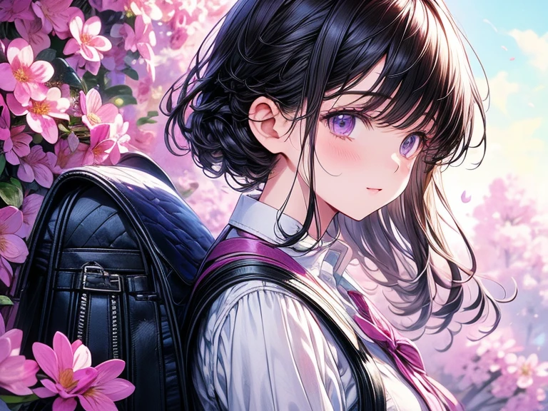 A very charming with a backpack enjoying a lovely spring outing surrounded by beautiful purple flowers and nature. The illustration is a high-definition illustration in 4k resolution, featuring highly detailed facial features .
