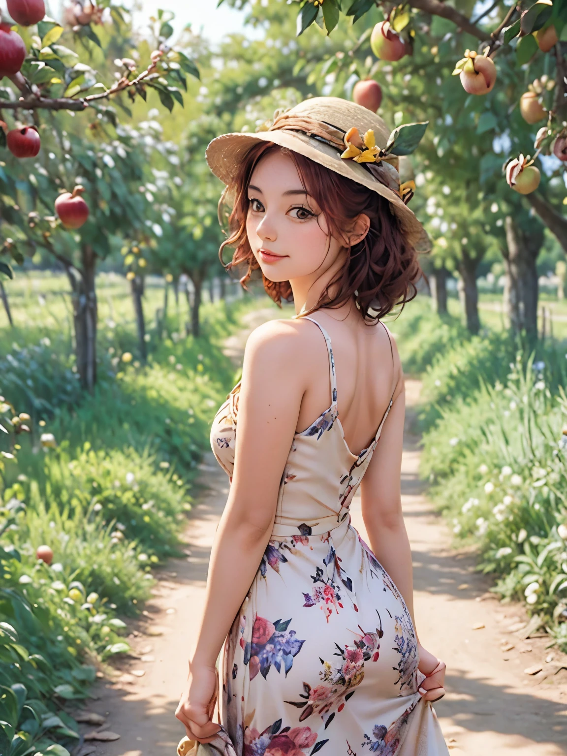 arafed woman in a floral dress and yellow hat standing in an apple orchard, standing in an apple orchard, wearing a french beret, port 8 0 0 ", inspired by Elsa Beskow, picking apples from a tree, an oversized beret, by Zofia Stryjenska, with curly red hair, renaissance autumnal, red hair and freckles