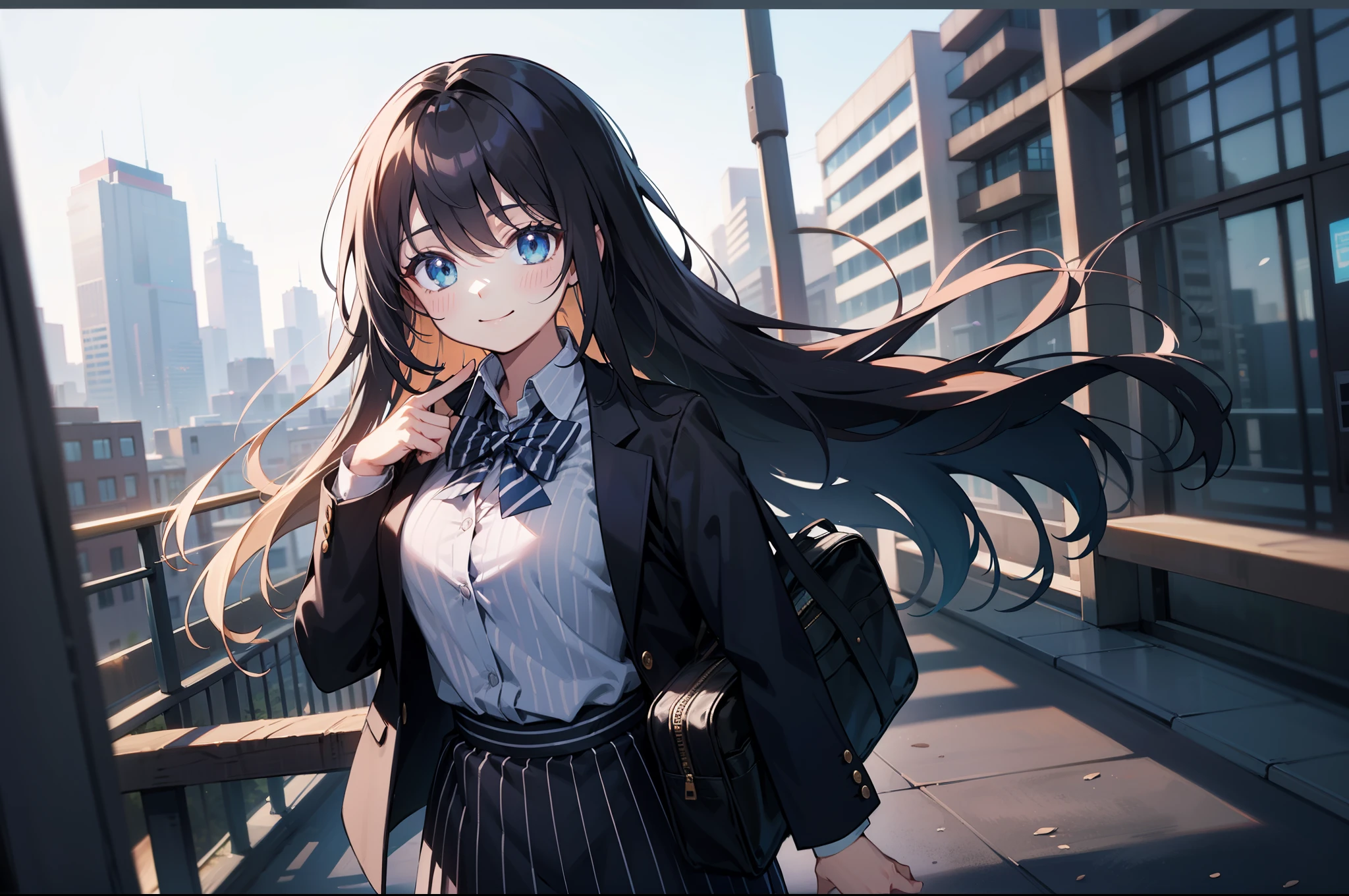 1girl, rating:safe, striped, bag, long_hair, skirt, shirt, solo, vertical_stripes, blush, smile, black_hair, striped_shirt, vertical-striped_skirt, blue_eyes, collared_shirt, closed_mouth, very_long_hair, bangs, school_bag, bow, pleated_skirt, vertical-striped_shirt, long_sleeves, looking_at_viewer, dress_shirt, white_shirt, jacket, eyebrows_visible_through_hair, breasts, black_jacket, school_uniform, hair_between_eyes, pinstripe_pattern, hand_up