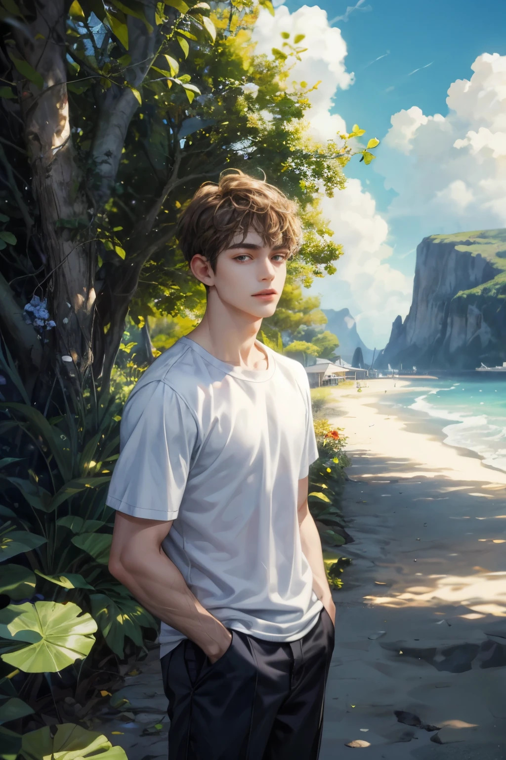 masterpiece:1.8, handsome teen boy, beach outfit , extremely detailed resort scenery, perfect face:1.1, Looking at Viewer,