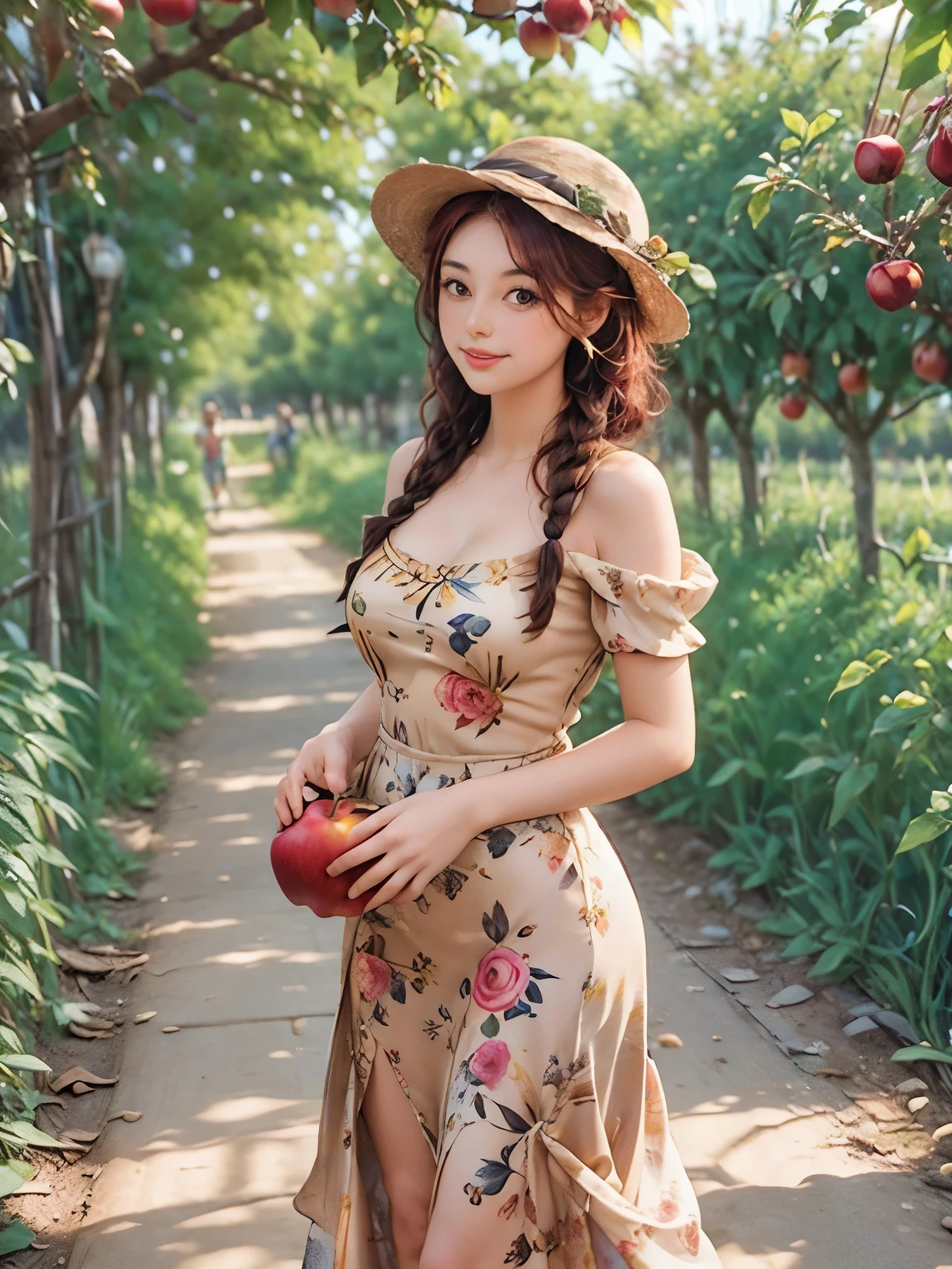 arafed woman in a floral dress and yellow hat standing in an apple orchard, standing in an apple orchard, wearing a french beret, port 8 0 0 ", inspired by Elsa Beskow, picking apples from a tree, an oversized beret, by Zofia Stryjenska, with curly red hair, renaissance autumnal, red hair and freckles