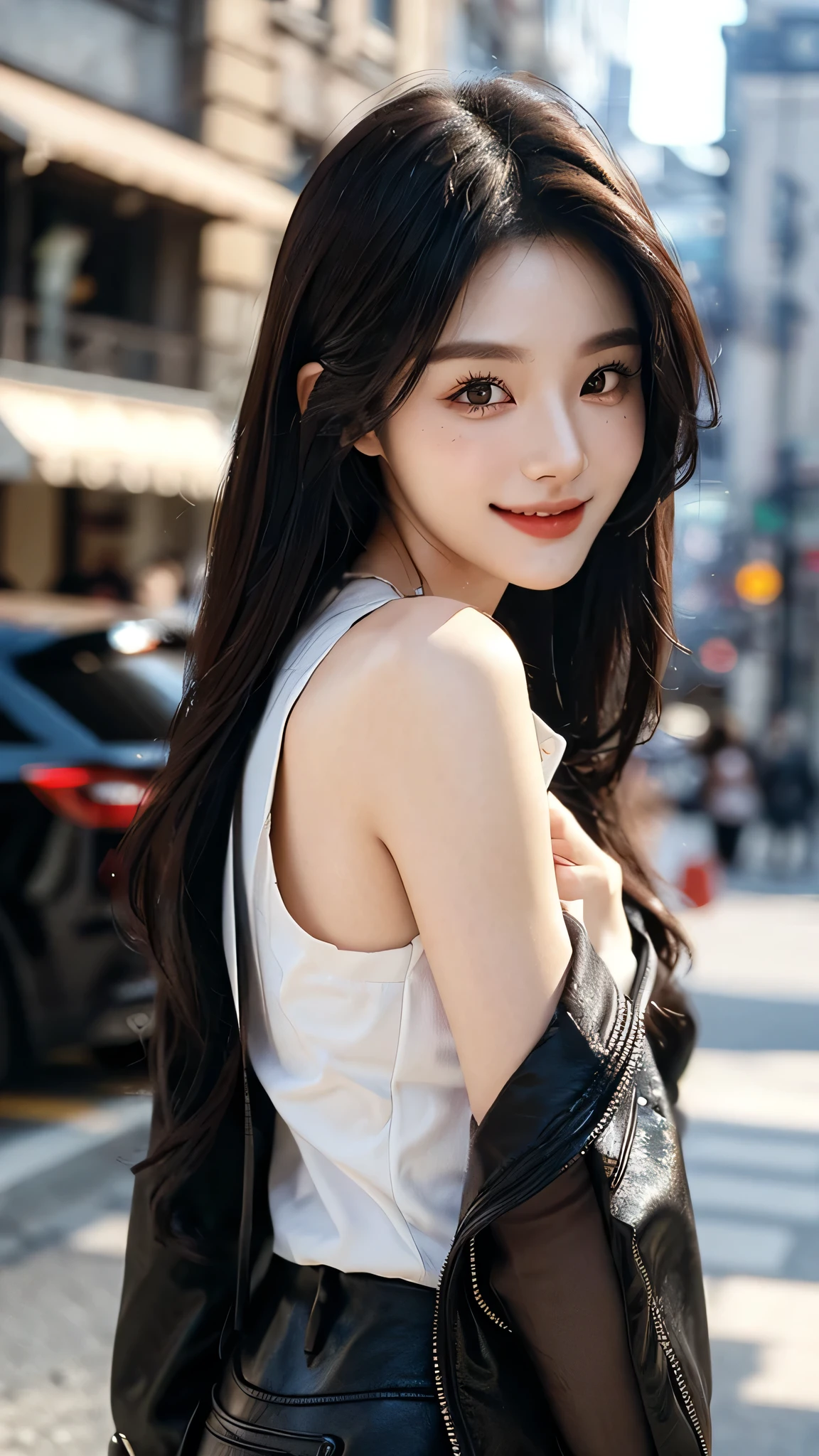 ​masterpiece、top-quality)、1 beutiful girl、((Wearing black sunglasses )), (Detailed beautiful eyes), ((Detailed skin)) , ((Detailed medium hair)), Walk around the store、((Boyish Brown Medium Hair))、((Smaller face))、((Neutral face))、((Face seen from the side))、((Light brown eyes))、((Korean Girl))、((18year old))、((cool lady))、((A shy smile on his face))、((Korean Makeup))、((elongated and sharp eyes))、((Happy dating))、((boyish))、((Shot from the same height as your face)、), ((CG rendering)), ((Blurred background)), ((16K)),  ((Very detailed)), ((wallpaper)), ((depth of field)), ((movie light)), (( Ray tracing)).