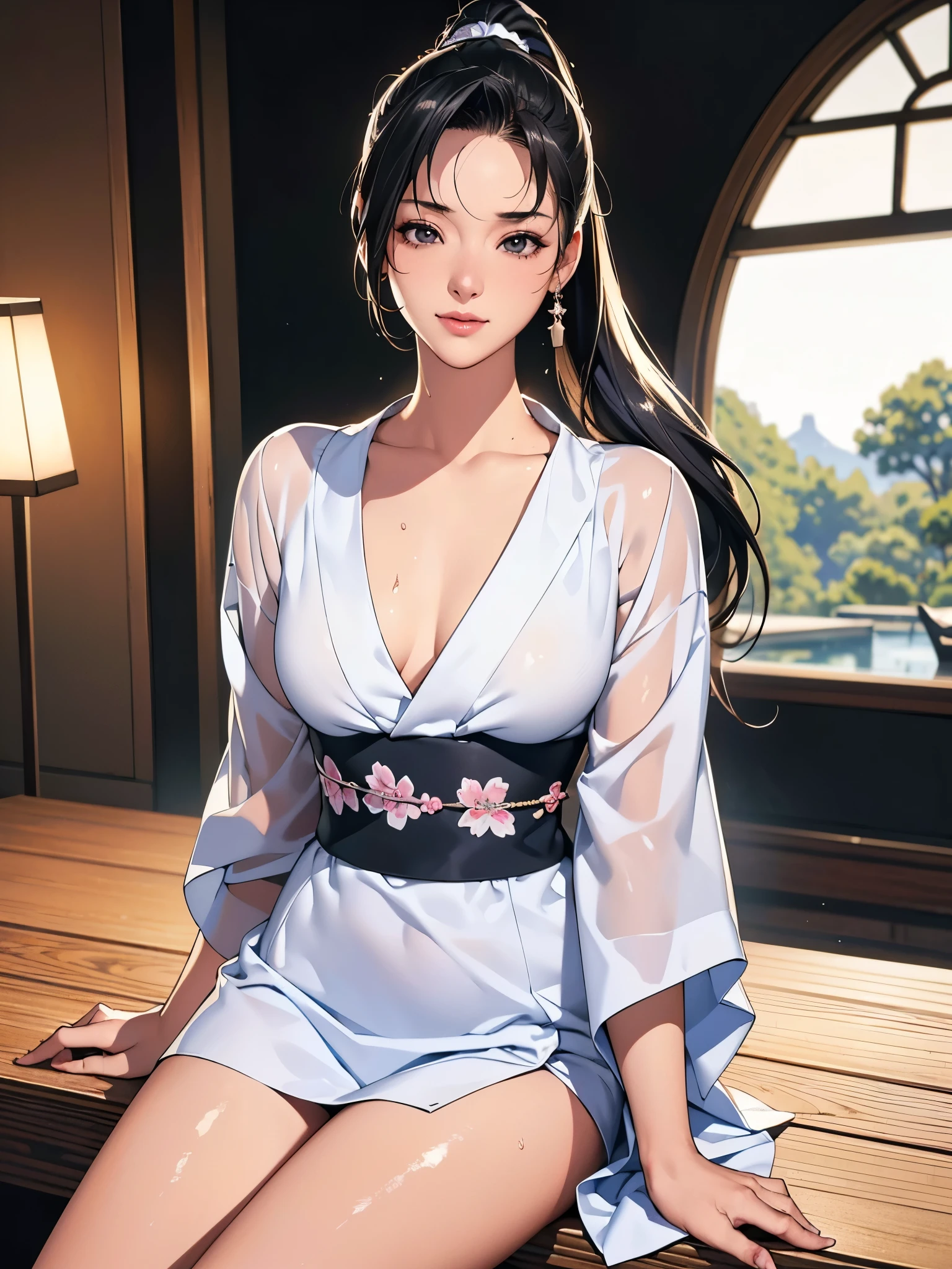 8k, highest quality, ultra high resolution, 1 female, 1980s pop culture anime style, 21 years old, (masterpiece, high resolution, detailed), Japanese, sweating, short cut, ponytail, big breasts (photorealistic) :1.4), (Famous Japanese actress:1.2), very beautiful, cute, professional photo, very delicate and beautiful, very detailed, very detailed beautiful girl, very detailed face, very detailed eyes, very detailed skin, very detailed fingers, very detailed nose, very detailed mouth, perfect anatomy, realistic body, fair skin, shiny skin, slender body, good figure, looking at viewer, smile, cute laugh Face (Black hair, (Ponytail, Beautiful girl, Perfect small face, D cup, Thin, Top quality, Ultra high resolution, Detailed background, Masterpiece, Anatomically correct, Detailed face, Beautiful face in every detail, Cute 20 Beautiful girl in her teens, black hair, highest quality, 4K quality, hot spring, sitting woman, woman in yukata, woman's ponytail, woman is 21 years old Steam, sweat,