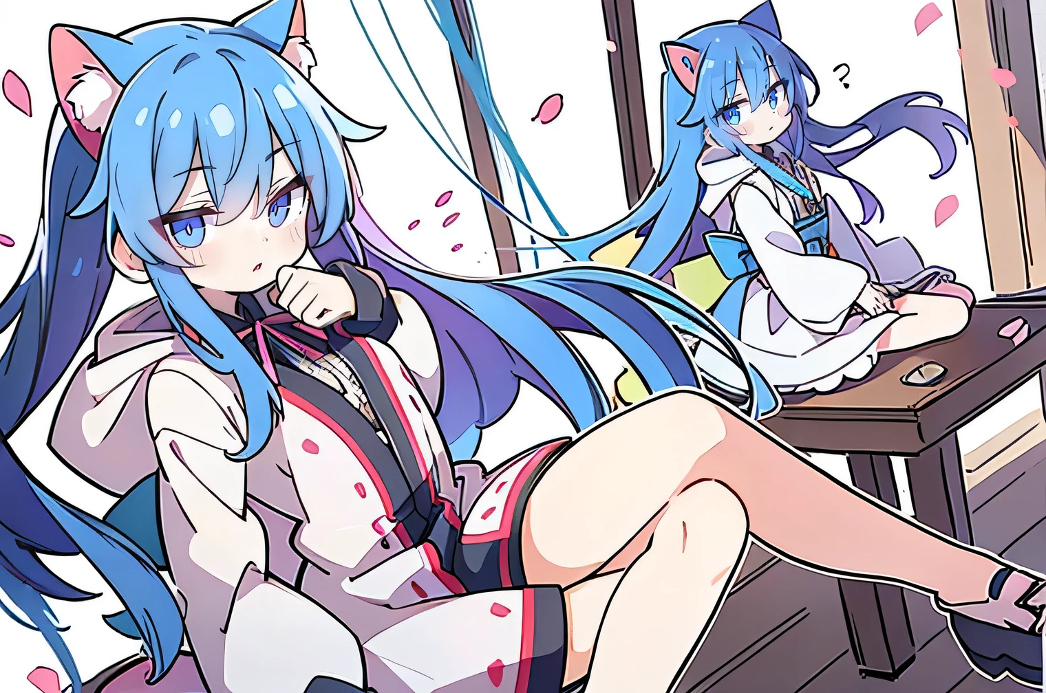 (masterpiece:1.2),Super detailed,lifelike,Expressive eyes,fair skin,perfect face shape,1 girl,
Japanese comics,Gorgeous blue hair,flowing blue hair,flowing clothes,Cat ears,Petals fall,beautiful lola,Baby Angel,
Shaking head with one hand,Cross your legs,Gentle and peaceful background,The pavilion is cool and comfortable,smile, wearing hoodie, background of tokyo,back views,snowing, winter.