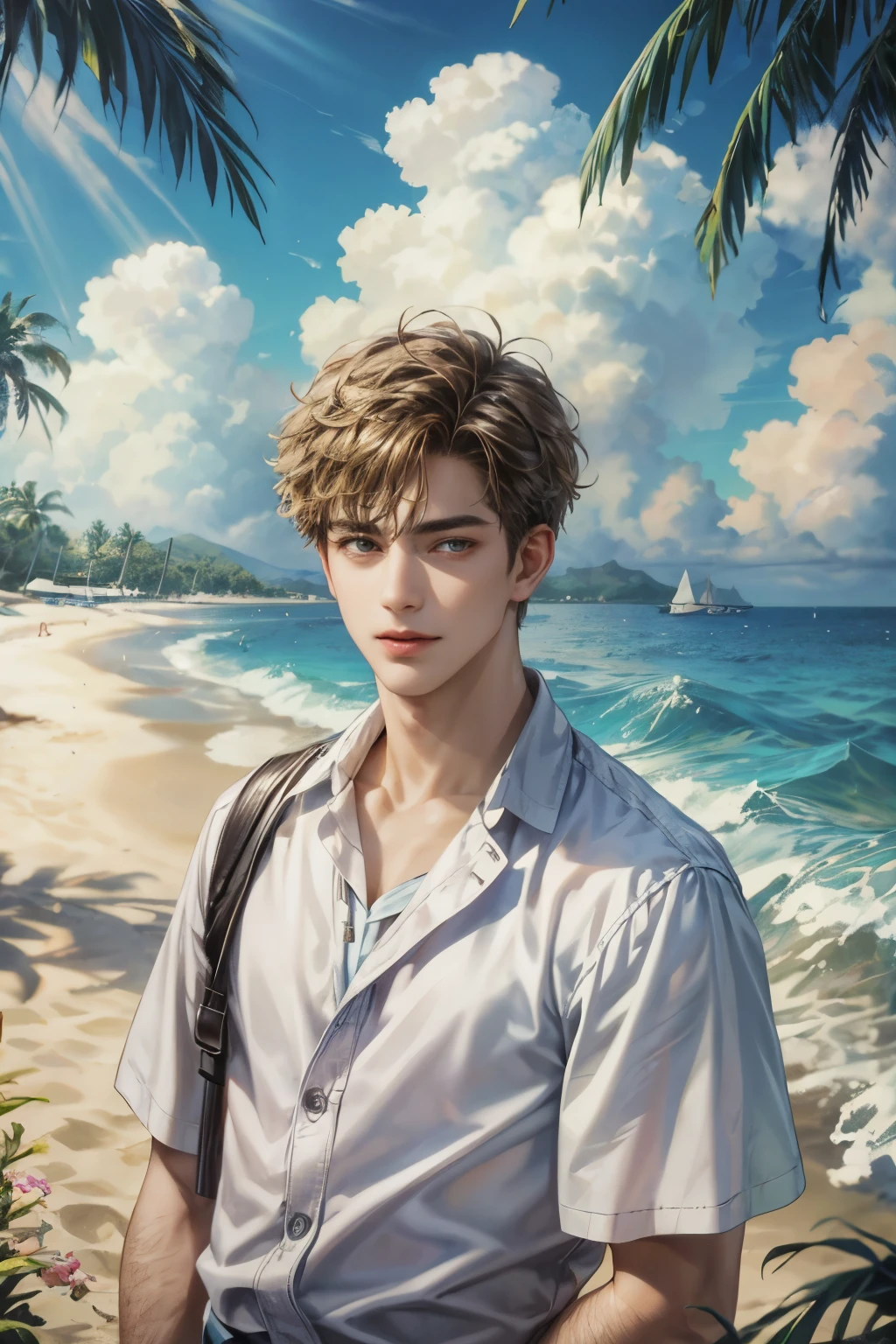 masterpiece:1.8, handsome teen boy, beach outfit , extremely detailed resort scenery, perfect face:1.1, Looking at Viewer,