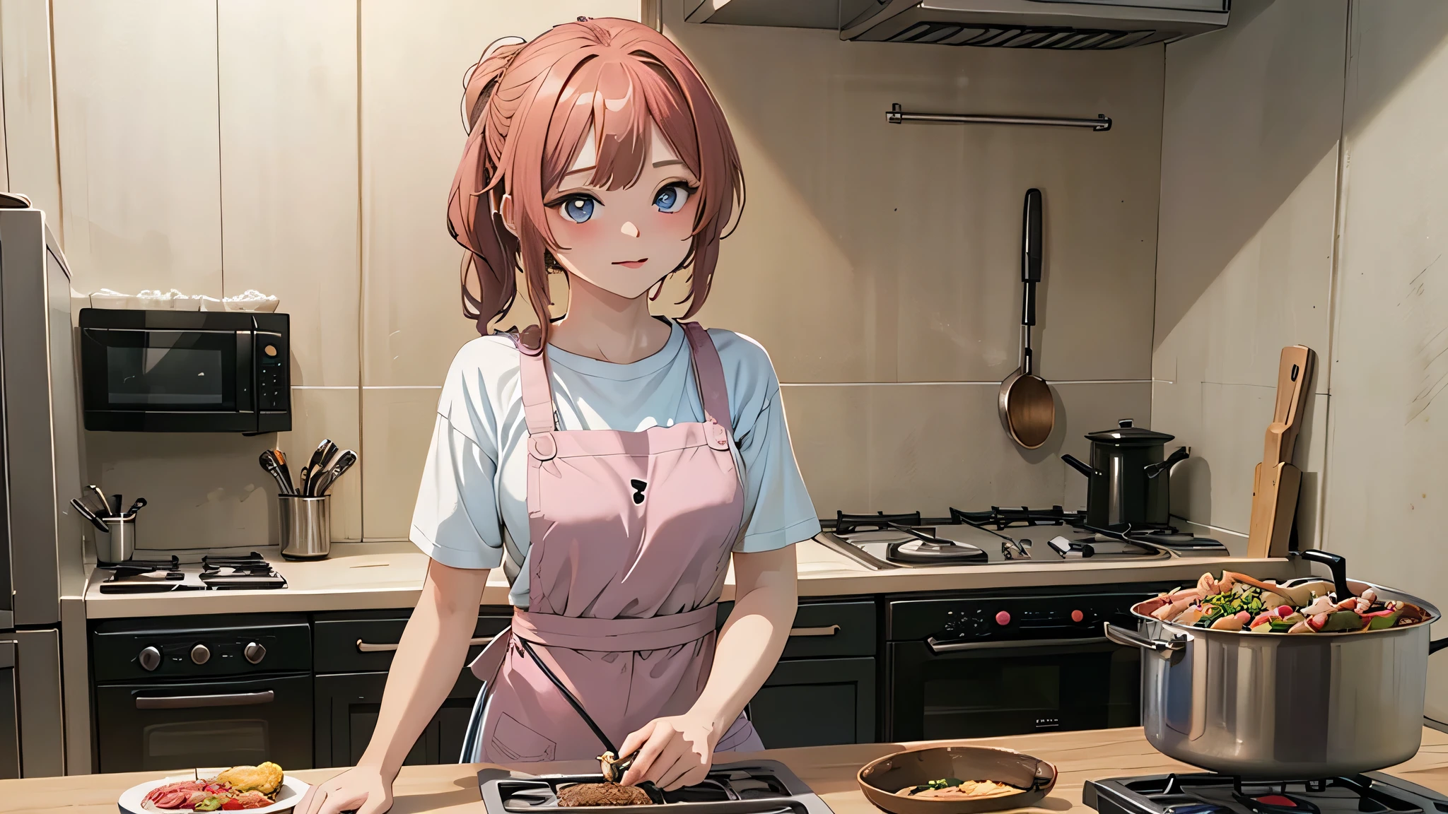 Anime girl cooking in the kitchen, Daytime kitchen, Anime Style 4k, Girl in pink apron, kitchen, anime art wallpaper 4k, anime art wallpaper 4k, Anime Art Wallpapers 8K, LOFI Girl, Daytime kitchen, She is wearing a white T-shirt under her pink apron., Summer concept art, Digital anime illustration, Anime atmosphere, 4k anime wallpaper