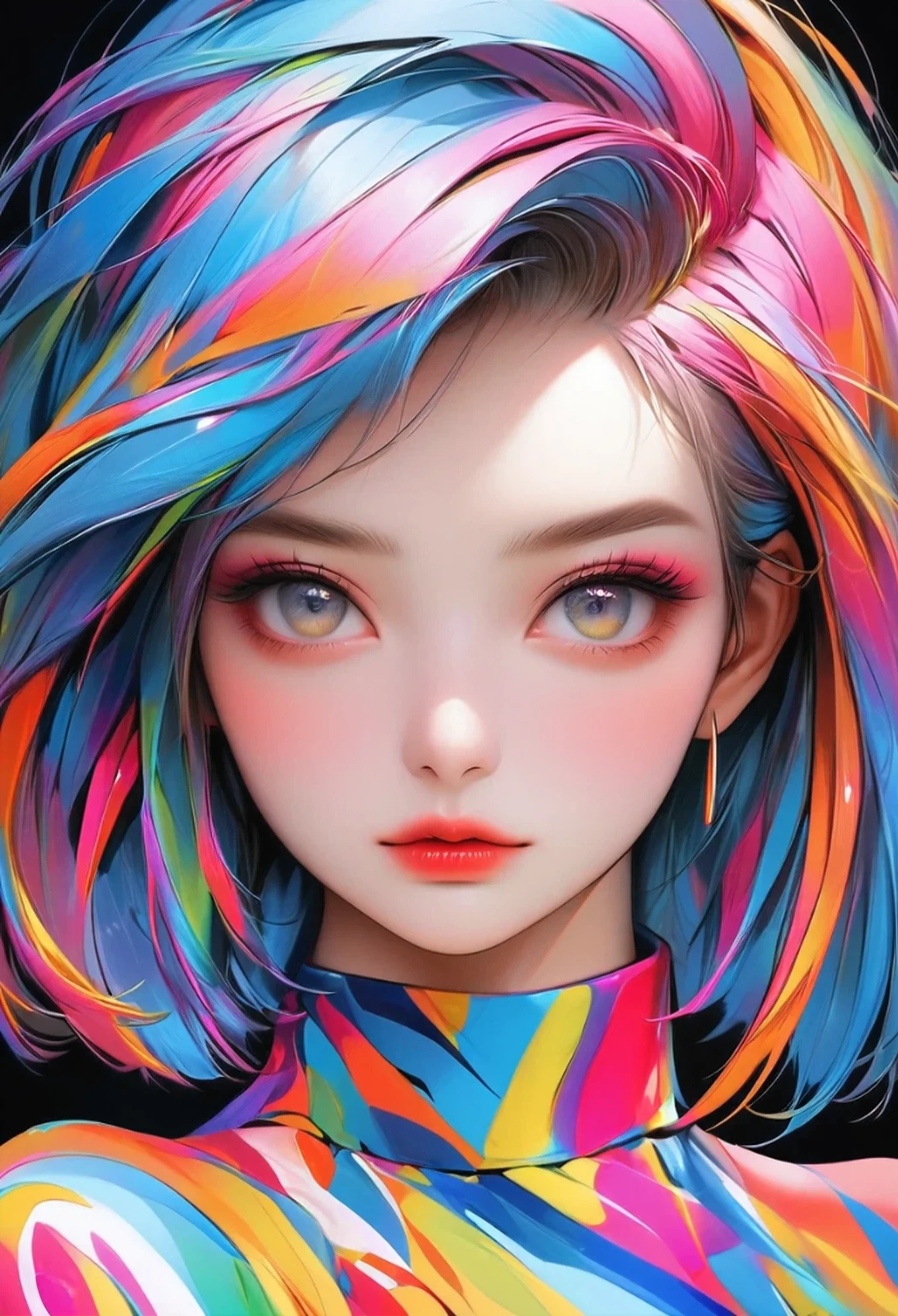 masterpiece, highest quality, 16k, unbelievably absurd, very detailed, perfect beauty, beautiful cute girl, in a beautiful pose, modern sauvage bob hair, through bangs, vibrant colors, row photo, portrait