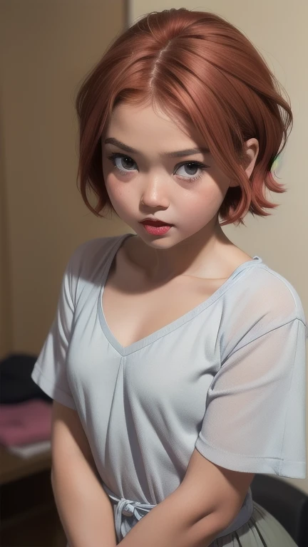 Very cute and baby-like face, Very cute and baby-like face, G-String, Angry pose, Angry face, (((MALAY GIRL))), masterpiece, High quality, UHD 45K, Realistic face, Realistic skin feeling , A Malay Lady, 8 years old, Very cute and baby-like face, (((FLAT CHEST))), (MATRIX WORLD), ((look In front at the camera and SADNESS)), (((short red hair style))), (((CUTE GIRL))), ((PASTEL RED LIPS)), ((PASTEL SILVER BLOUSE)), ((CHUBBY)), ((UNDRESS)).