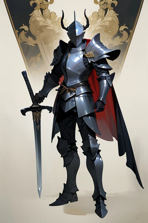 ((highest quality)), ((masterpiece)), (Familiar), One man,Fantasy,(Armored warrior),Full Body Armor,Full-face helmet,Two-horned helmet,((Black armor)),Great sword,((Black Armor)),Golden decoration,White pattern,Cape