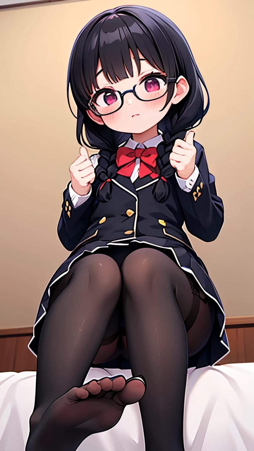 sober,Quiet,pantyhose,Bangs,Black Hair,Best Quality,from below,nsfw,foot up,full-face blush,4fingers and 1thumbs,mini skirt,twin braids,Garter belt,On the bed,Glasses,uniform,Toes