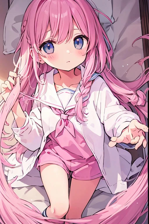 Beautiful illustrations, highest quality、On the bed、Lying on your back、 (-yeld gi1.4)、(pretty girl:1.5)、、Flat Chest、Sailor collar、(White long tunic)、Long sleeve sailor suit、Blue-line cuffs、(Pink Chino Shorts:1.7)、(Pink shorts with wide openings:1.6)、Gap between thigh and pants、Thin thighs、White socks、 Cinema Lighting, (Pink Long Hair)、Pink Straight Hair、Redness on the cheeks、(Braiding of the back of the head)
