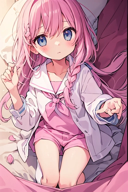 Beautiful illustrations, highest quality、On the bed、Lying on your back、 (12-year-old girl:1.4)、(pretty girl:1.5)、、Flat Chest、Sailor collar、(White long tunic)、Long sleeve sailor suit、Blue-line cuffs、(Pink Chino Shorts:1.7)、(Pink shorts with wide openings:1.6)、Gap between thigh and pants、Thin thighs、White socks、 Cinema Lighting, (Pink Long Hair)、Pink Straight Hair、Redness on the cheeks、(Braiding of the back of the head)
