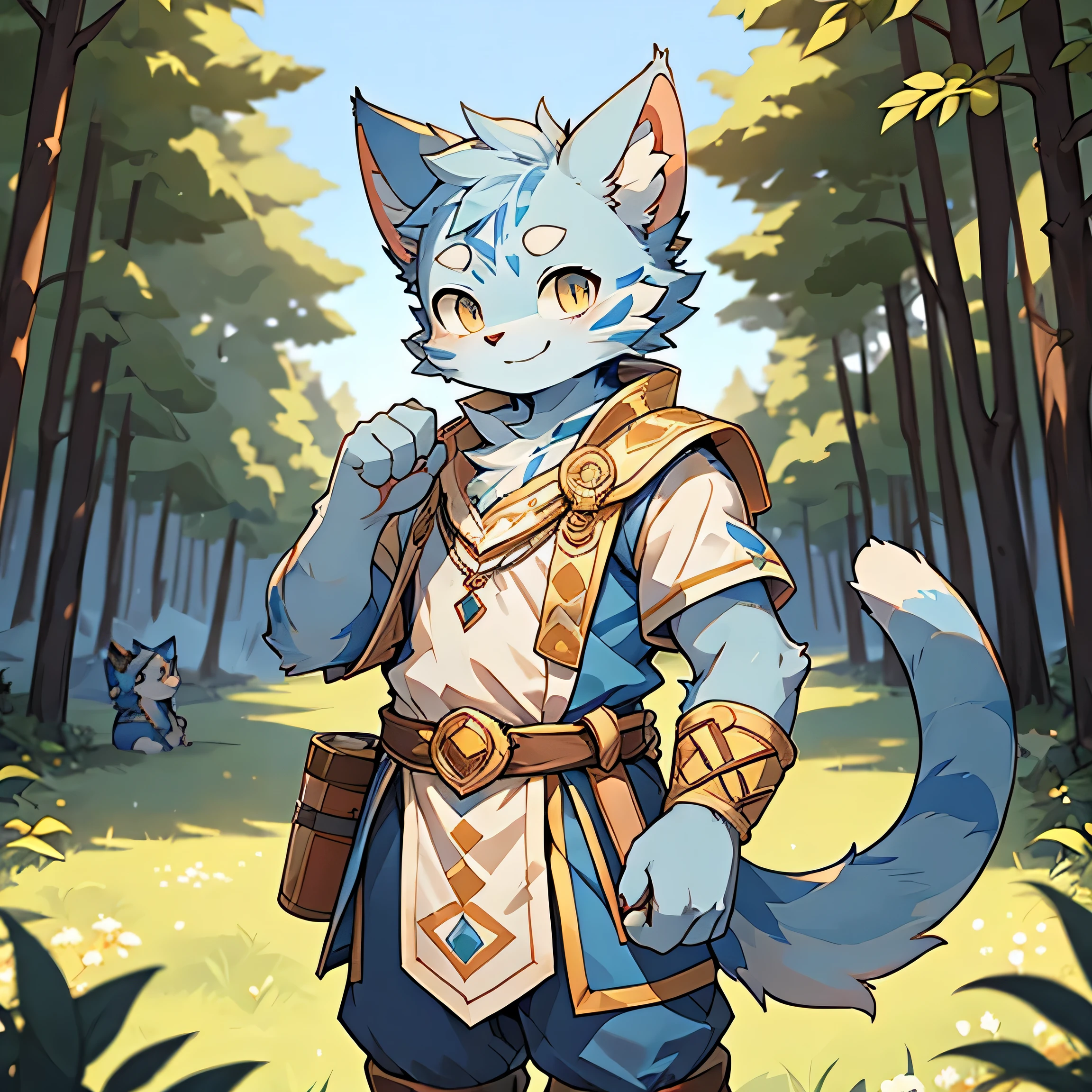 The only person,(Male cats:1.5), (blue skin:1.3), hairy,(Light blue fur:1.3),((Golden pupils)) ,(White ears),(hairy animal ears),Covered with hair,Wear adventurer's clothes,Standing on the grass,Behind it is the forest,Face Focus,Delicate face,Delicate eyes,upper body,Front view,Red cheeks,Smile,Perfect sunshine