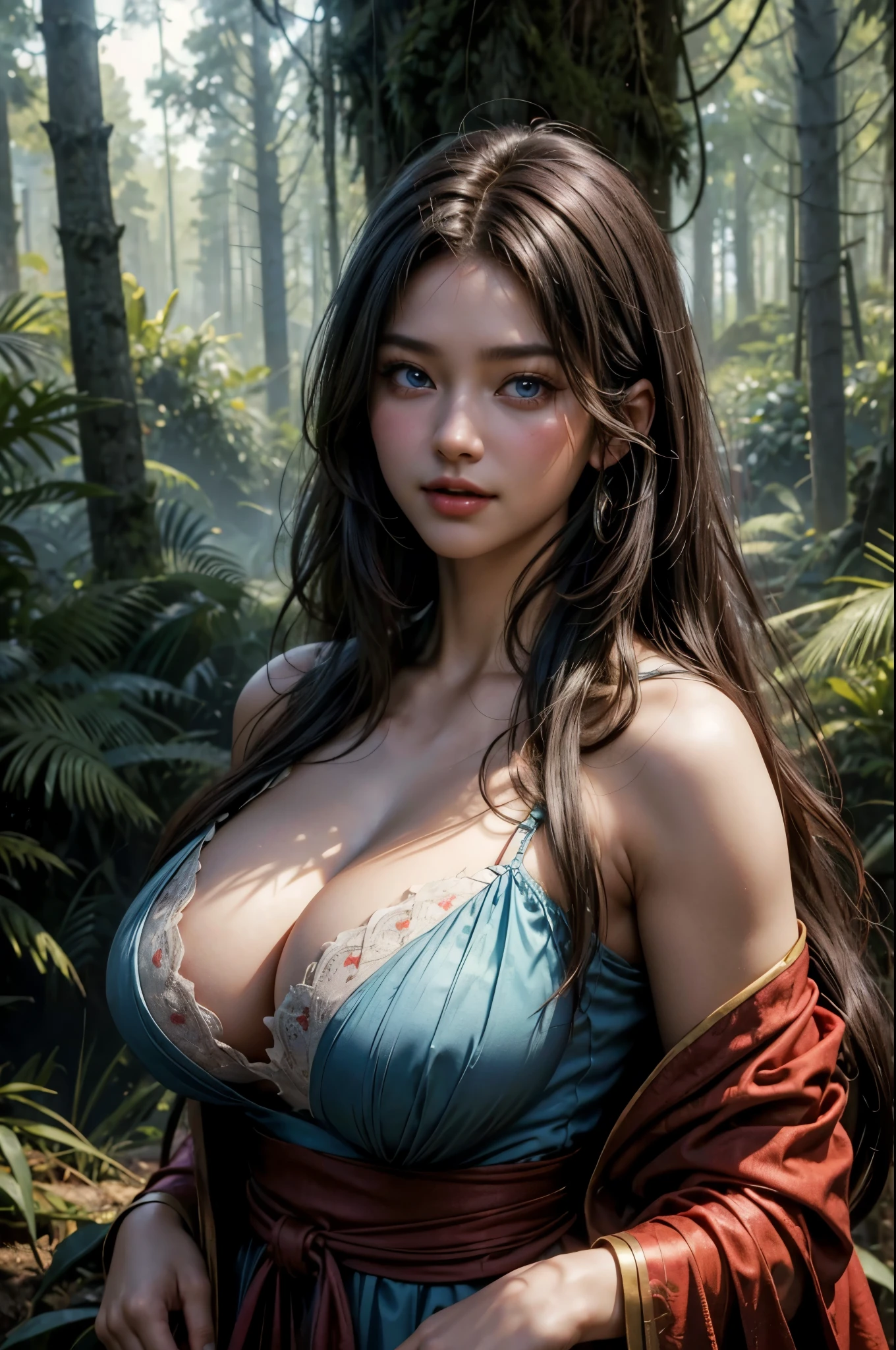 (8K), (RAW photo), (photo-realistic), ((masterpiece)), (Hyper Real), 1 Japanese beautiful lady, Ancient peasant woman, women in agriculture, (Wear red Wizar'd robe), Enormity, Beauty, High-level image quality, High resolution, Realistic, long straight hair, Black hair, Young Woman, -aged women, ((Big Tits)), Fine skin texture, super high resolution, Wear flesh-colored fabric, Realistic, Voluptuous figure, Laughter, Beautiful expression, Fine light blue eyes, Fluffy long hair, Fine skin texture, ((In the dark forest)), women in agriculture, Big cleavage, Plunging neckline,